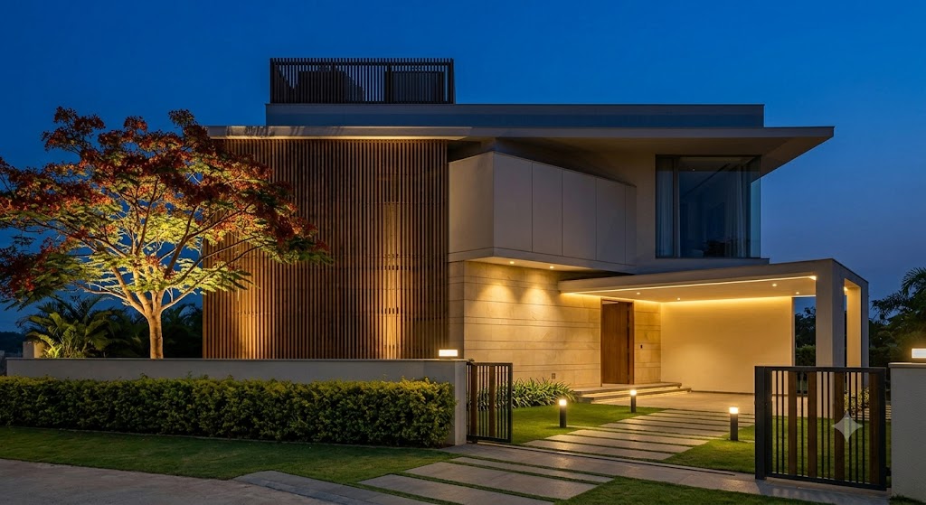 Night-time elevation photograph of a contemporary Indian villa in the early evening blue hour twenty minutes after sunset showing the facade wash floodlights at three thousand kelvin two hundred lux warmly illuminating the Dholpur sandstone ground-floor band and the cement-board first-floor cantilever, the concealed cove lighting along the underside of the porte-cochere cantilever glowing soft warm, two narrow accent uplights highlighting the vertical fluting of the south-west teak louvre screen, tree uplights at the base of the gulmohar throwing twenty-seven hundred kelvin light up into the canopy producing a glowing tree silhouette against the deep blue sky, and low-glow path lights at six-foot spacing along the gate-to-door path while the OHT enclosure on the roof sits dark with only its slatted profile just visible against the deep blue sky and no interior lights leaking through closed window shutters