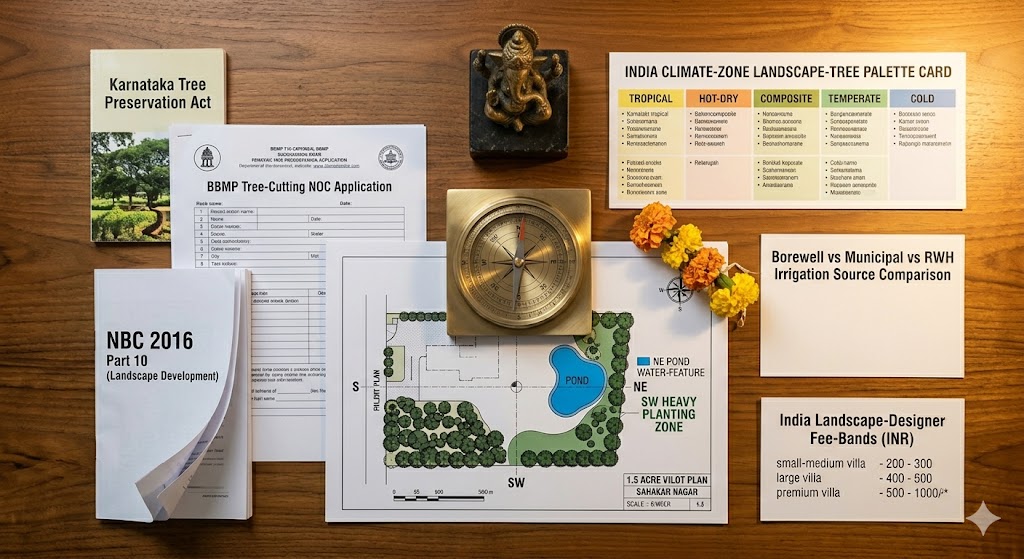 Vastu landscape zoning diagram overlaid on a typical NE-facing villa plot with NBC and state regulation callouts