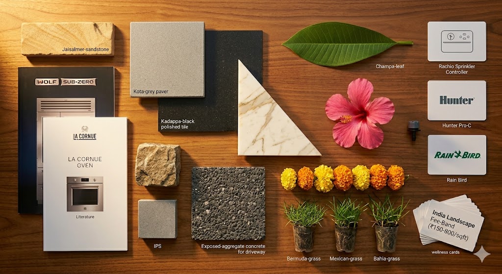 Sample board showing Jaisalmer, kota grey, kadappa black, Bidasar marble, basalt cobblestone and IPS finish for villa landscape