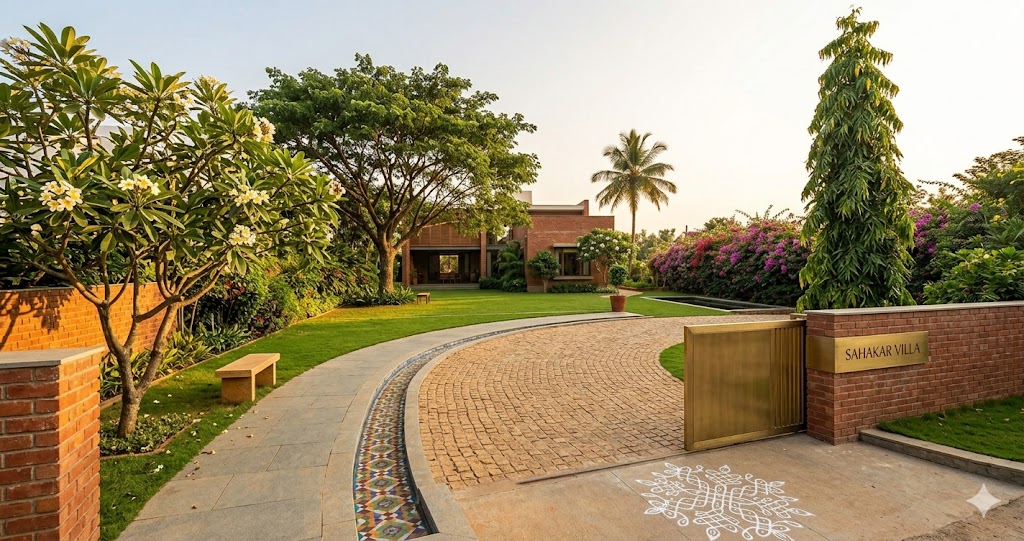 Plan view of a 1.5-acre NE-facing villa landscape in Sahakar Nagar Bengaluru with annotated zones and tree palette