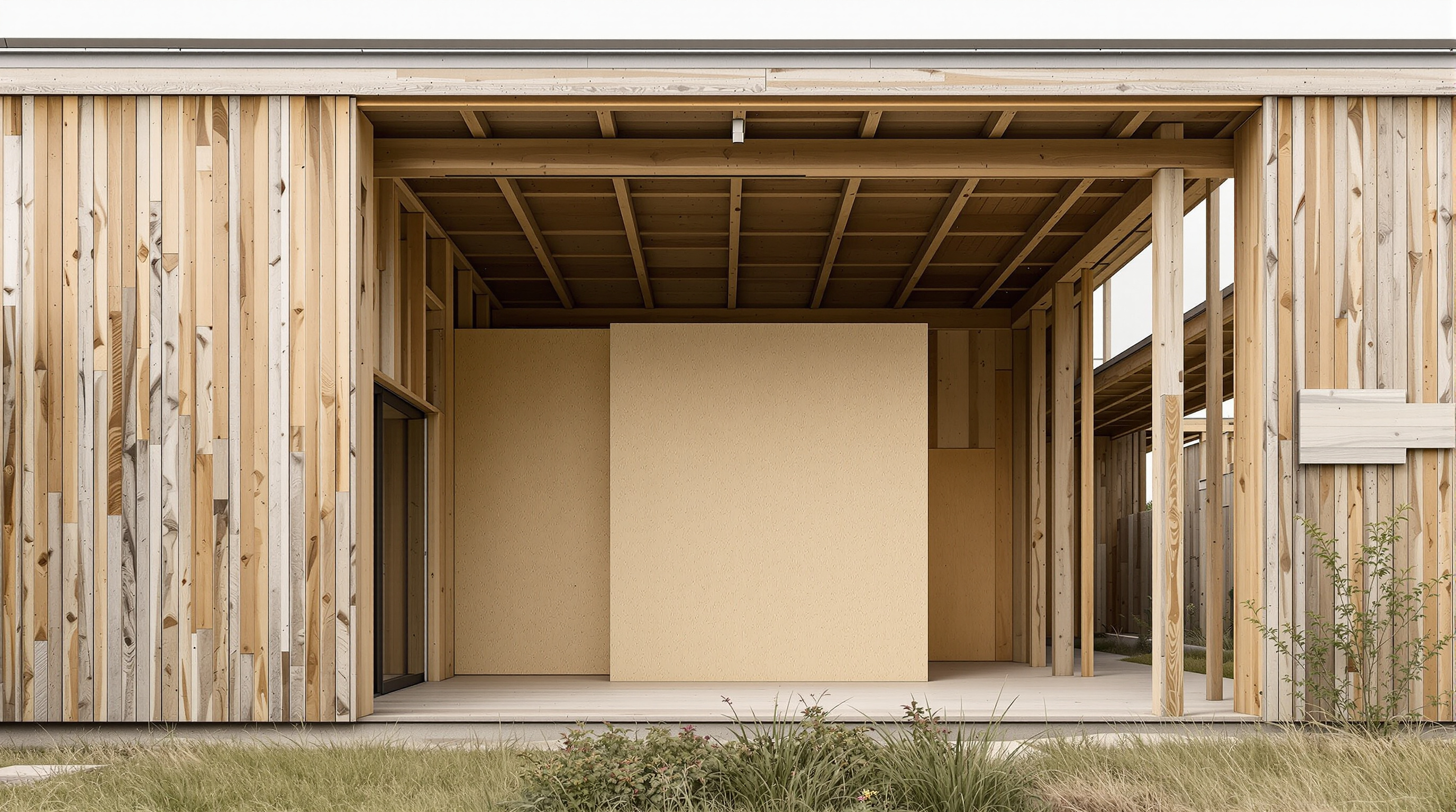 A single Villa Verde house photographed close, the raw timber-clad solid half on one side and the open double-height framed bay on the other, its structural posts and beams visible, a family's first infill panel of light plywood beginning to close part of the gap
