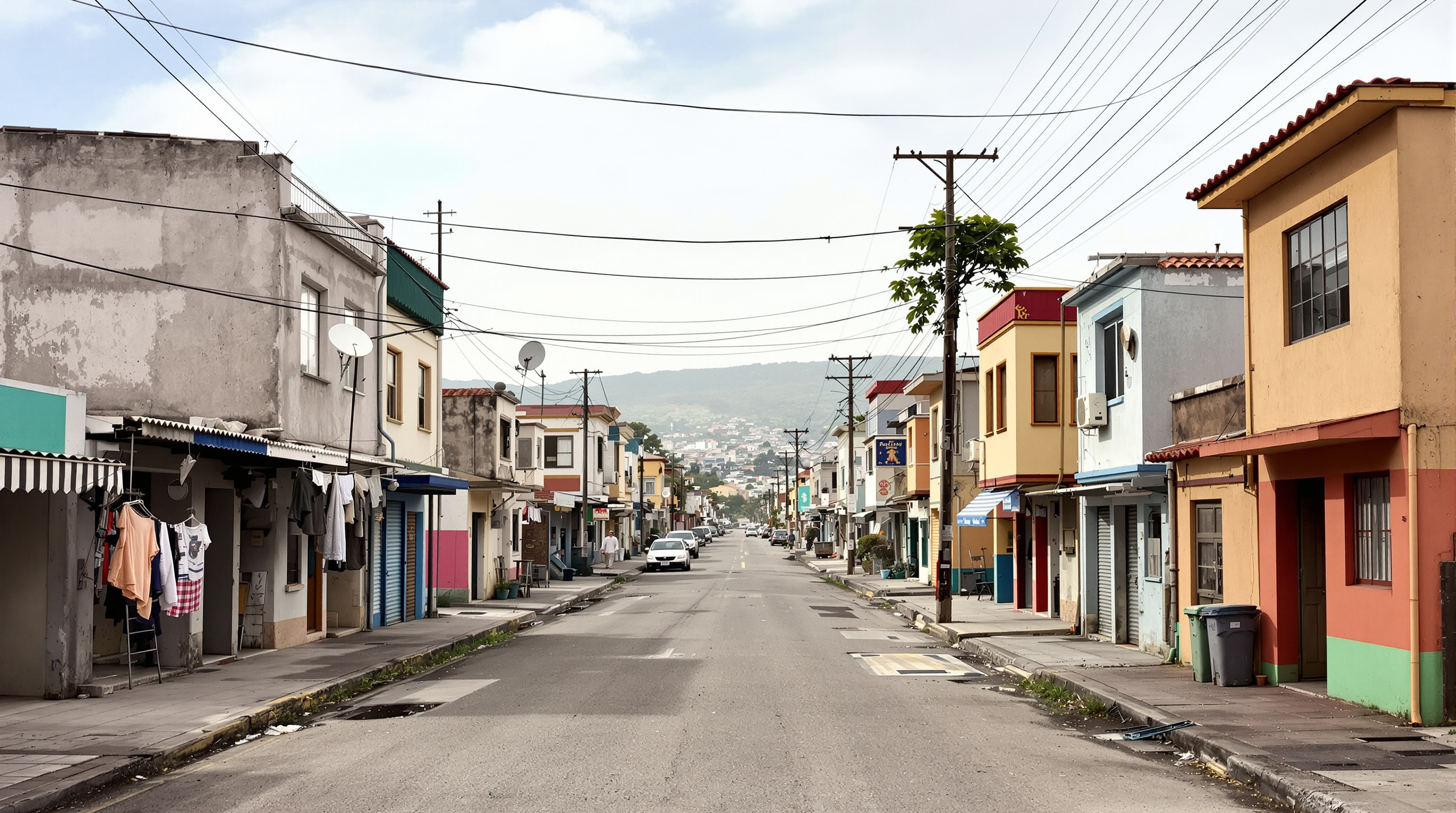 A wide view down a Villa Verde street after several years of occupation, showing a rhythm of houses in every state of completion — some raw and half-open, some fully filled in and painted in bright colours, laundry and satellite dishes and small shopfronts marking lives lived, the estate visibly finished by its own residents