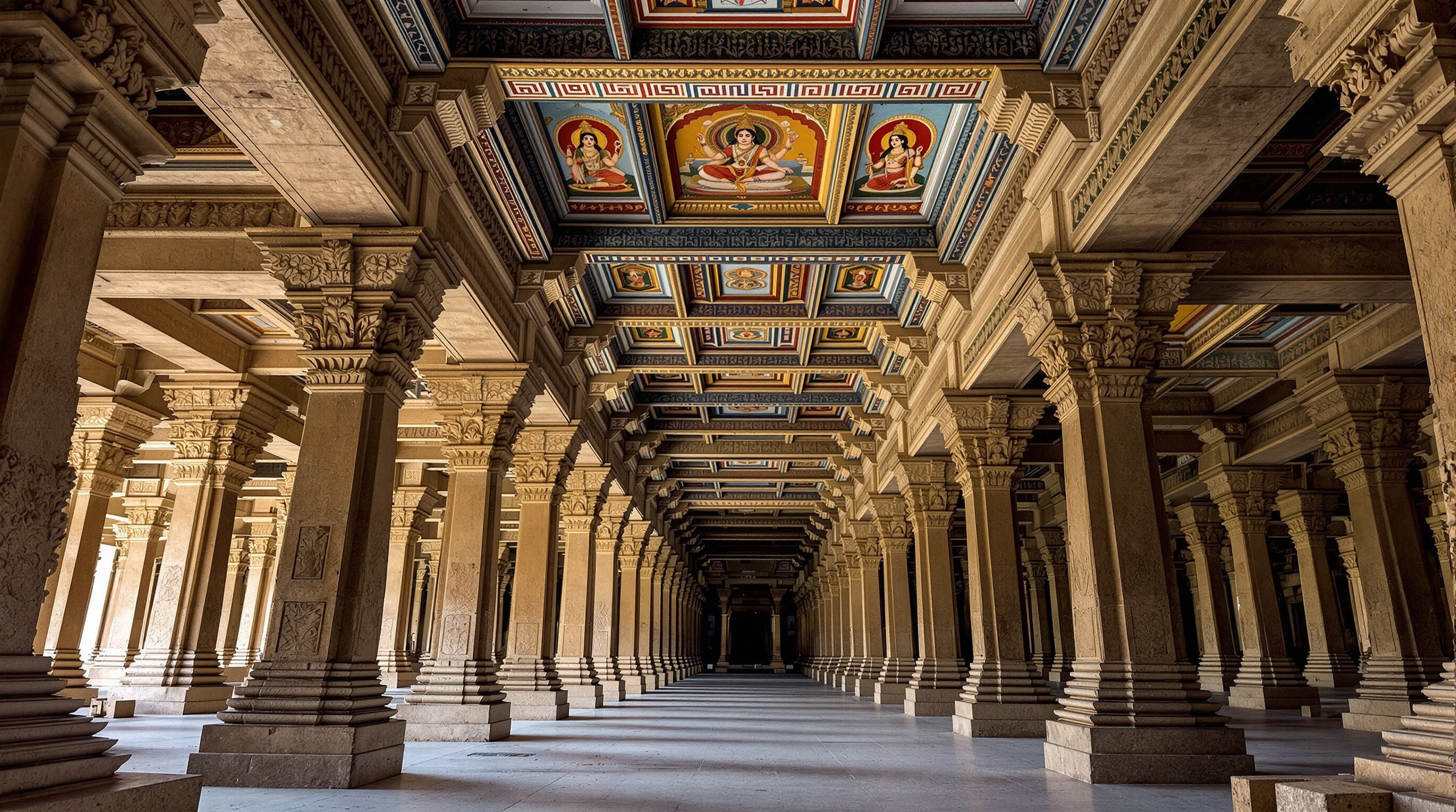 The intricately carved stone pillars and painted coffered ceiling of the ranga mandapa hall inside the Virupaksha temple, rows of Vijayanagara-era columns receding into shadow, faded murals of Hindu deities visible overhead