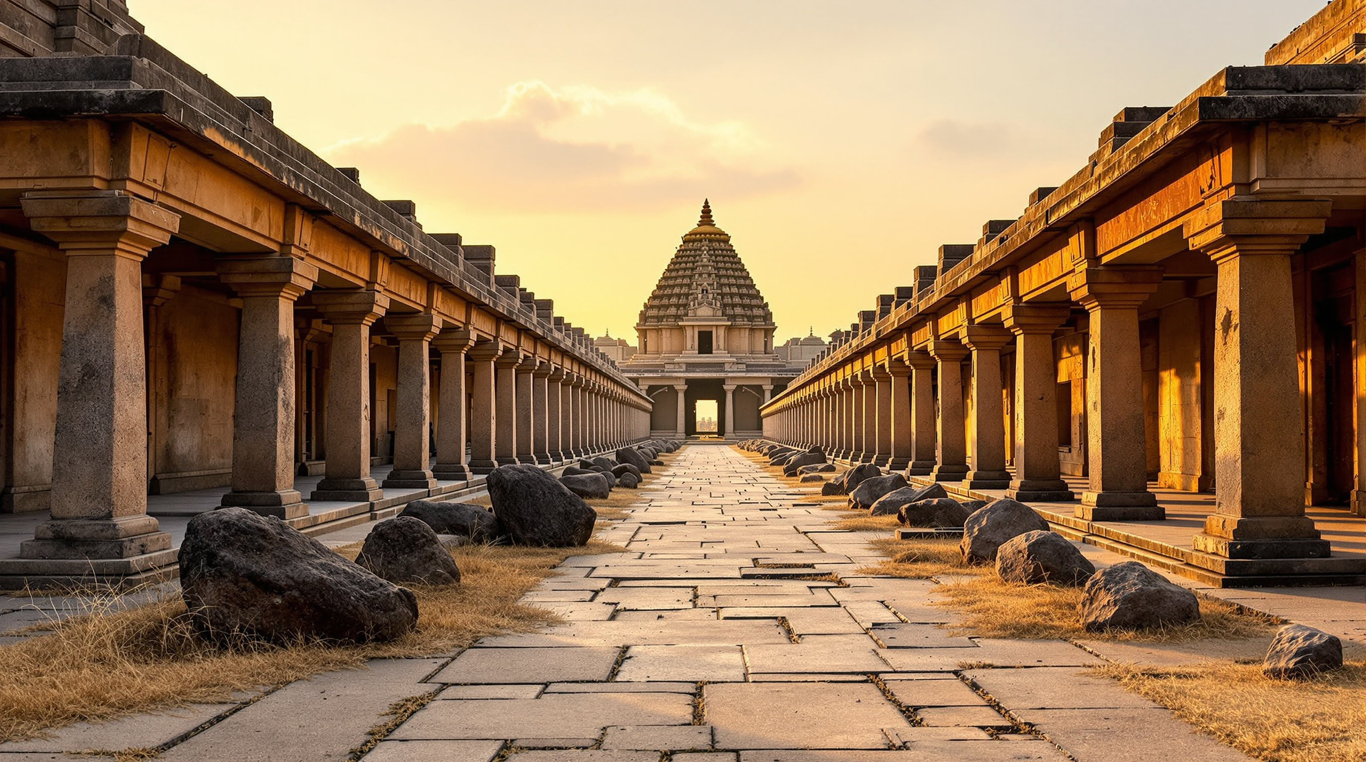 A wide view down the long ruined colonnaded bazaar street of Hampi at golden hour, twin rows of weathered stone pavilions receding toward the Virupaksha gopuram in the distance, boulders and dry grass along the processional way