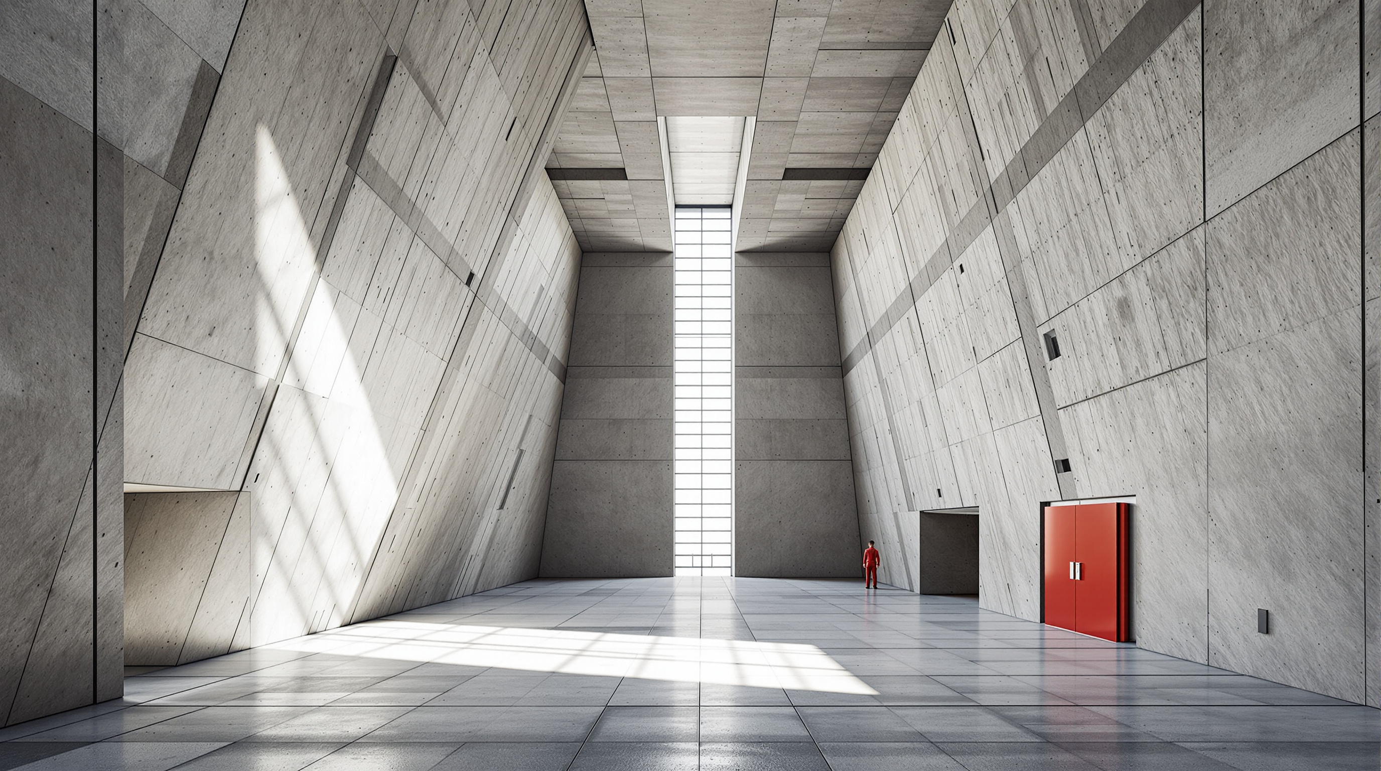 Interior of the Vitra Fire Station, the tall narrow apparatus bay where fire engines once parked, defined by canted raw-concrete walls that lean inward, a large glazed opening throwing hard diagonal daylight across the grey floor, the space feeling taut and unstable