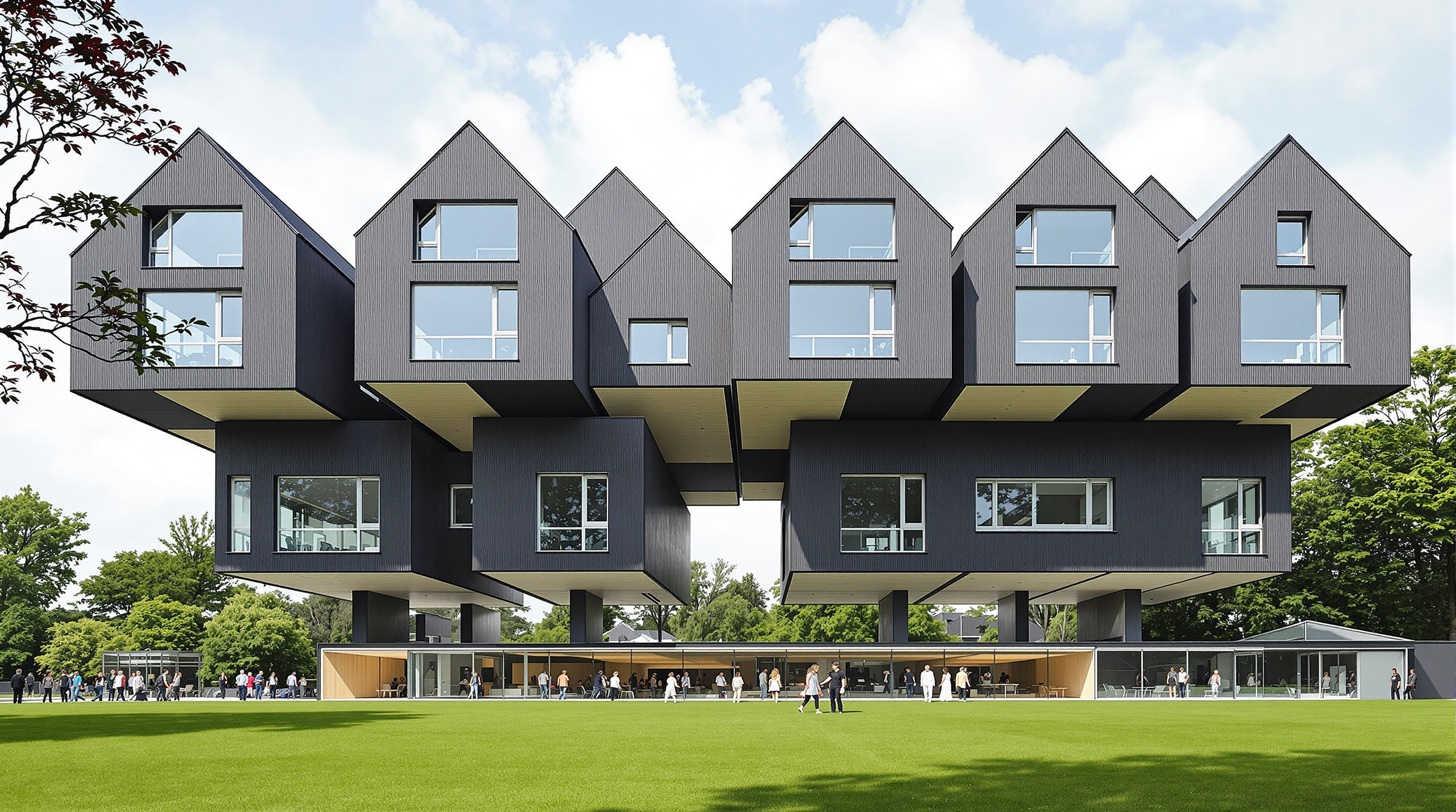 The VitraHaus by Herzog & de Meuron on the Vitra Campus: twelve archetypal gabled house-forms in charcoal grey stacked and cantilevered over one another to about fifteen metres, their ends glazed like picture windows, rising above a green lawn with visitors walking below