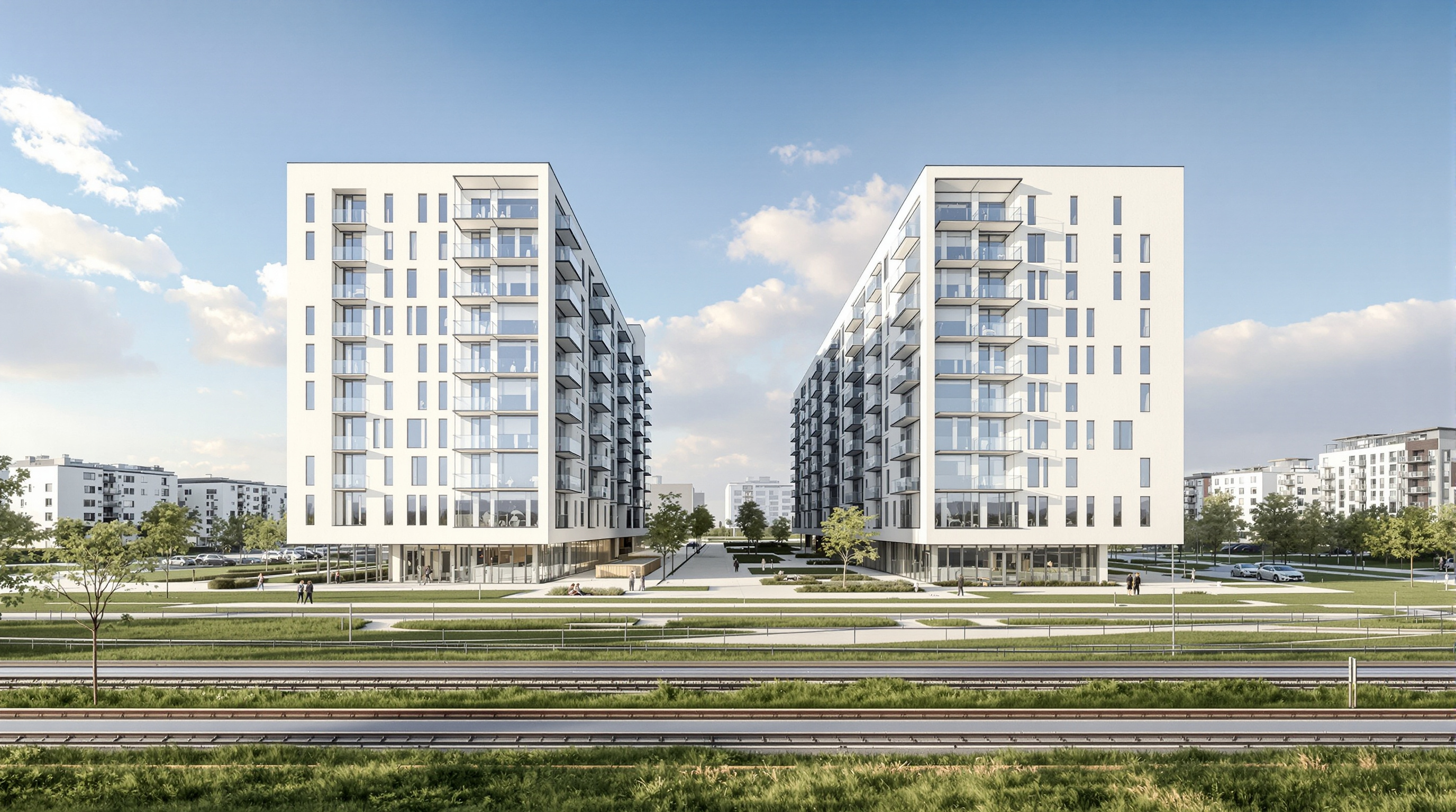 Wide view of the two VM House blocks in their Ørestad setting, the angled V and M forms rising from flat green reclaimed land with the Copenhagen metro line nearby, pale render and glass facades, a broad Nordic sky, sparse landscaping between the buildings