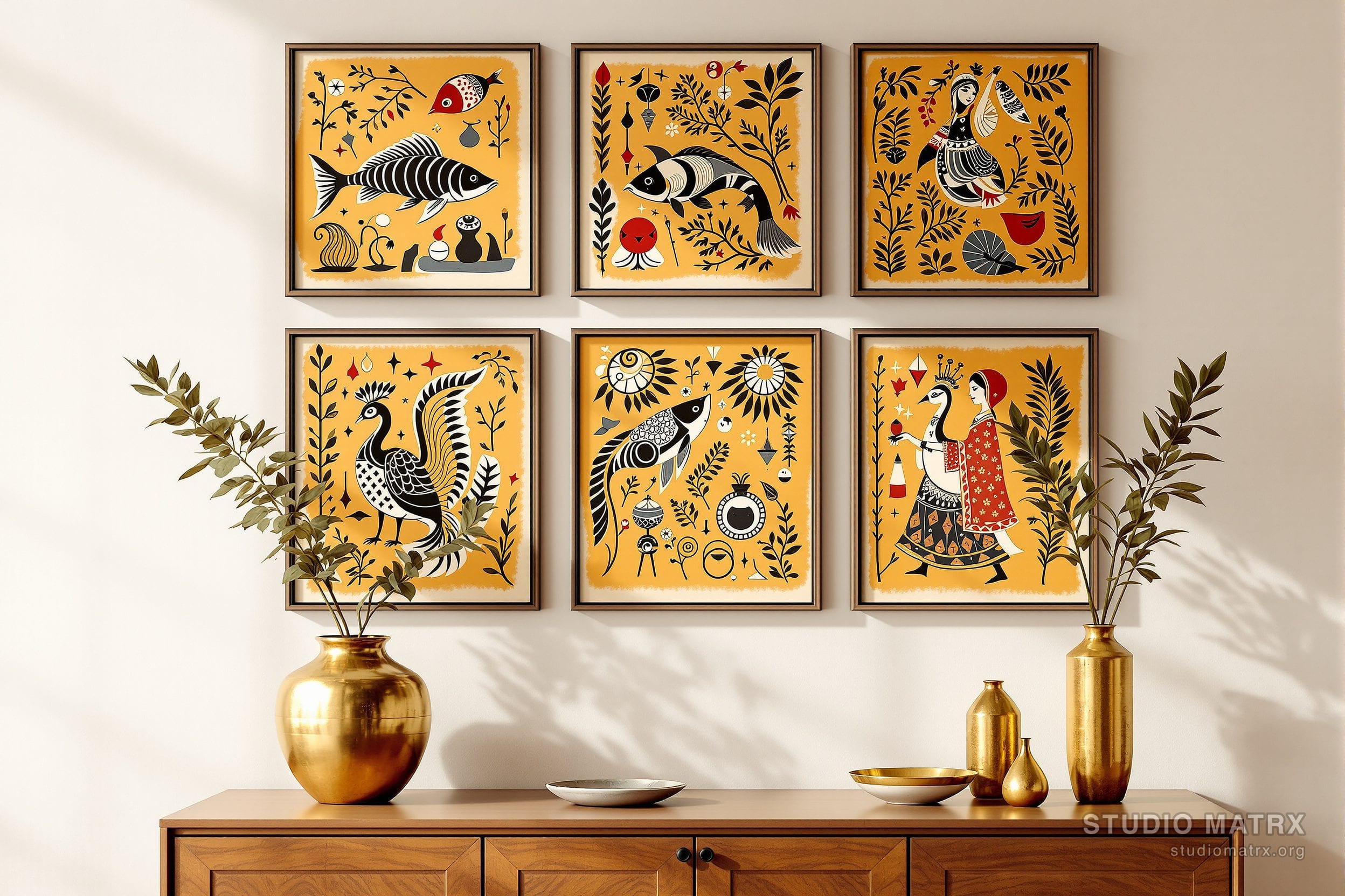 Framed Indian folk-art paintings styled on a living-room wall