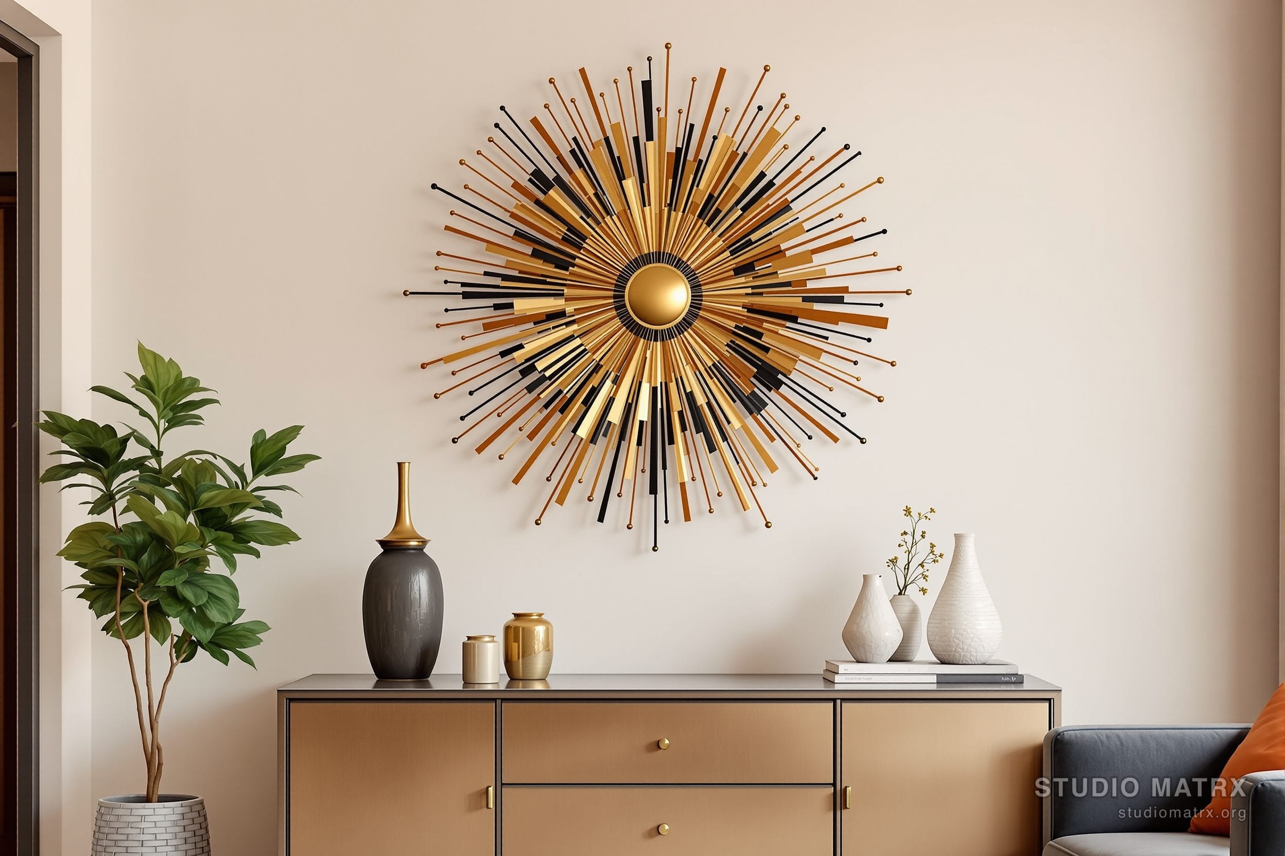 Metal wall art on a contemporary living-room feature wall