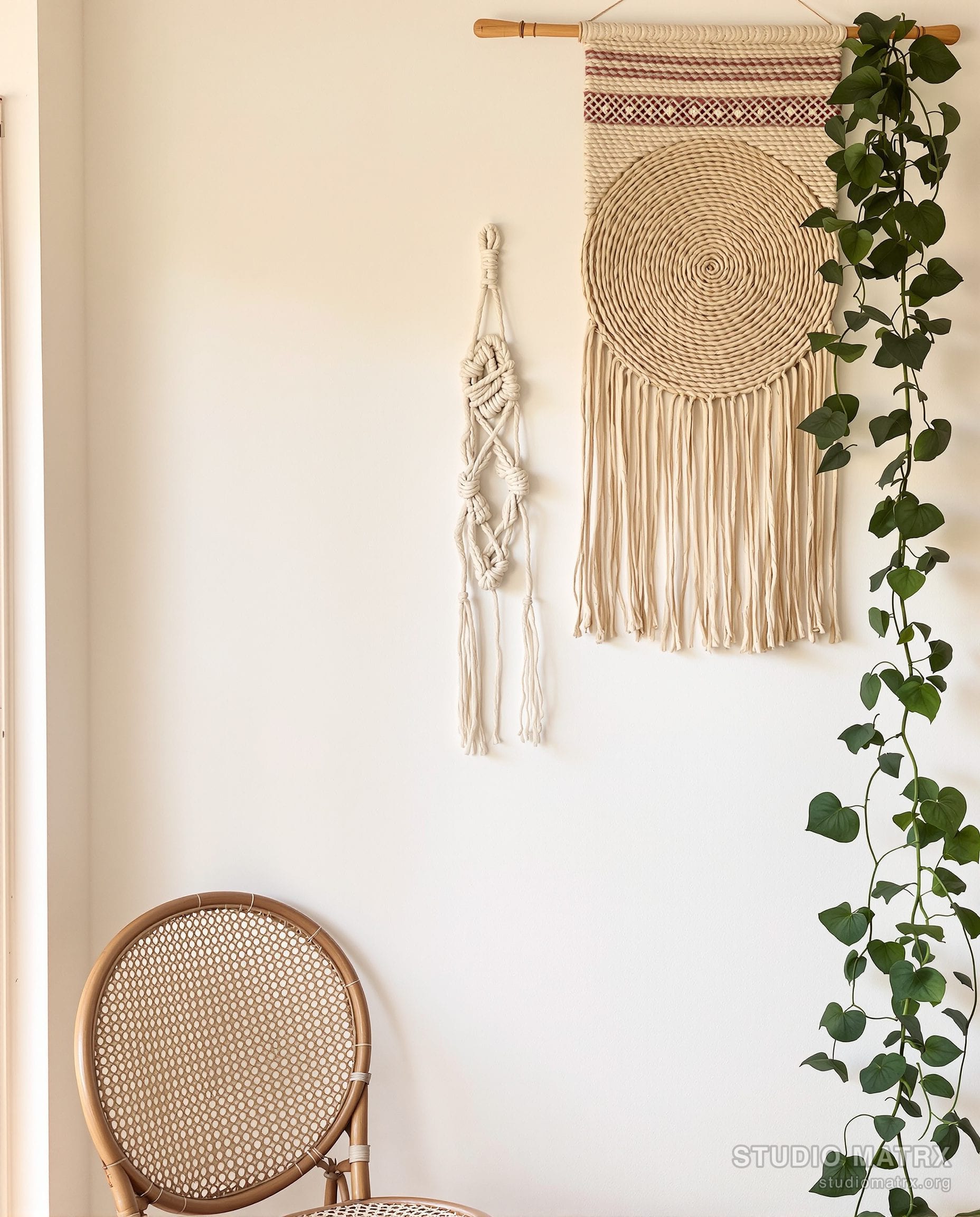 A woven textile wall hanging and macrame in a boho corner