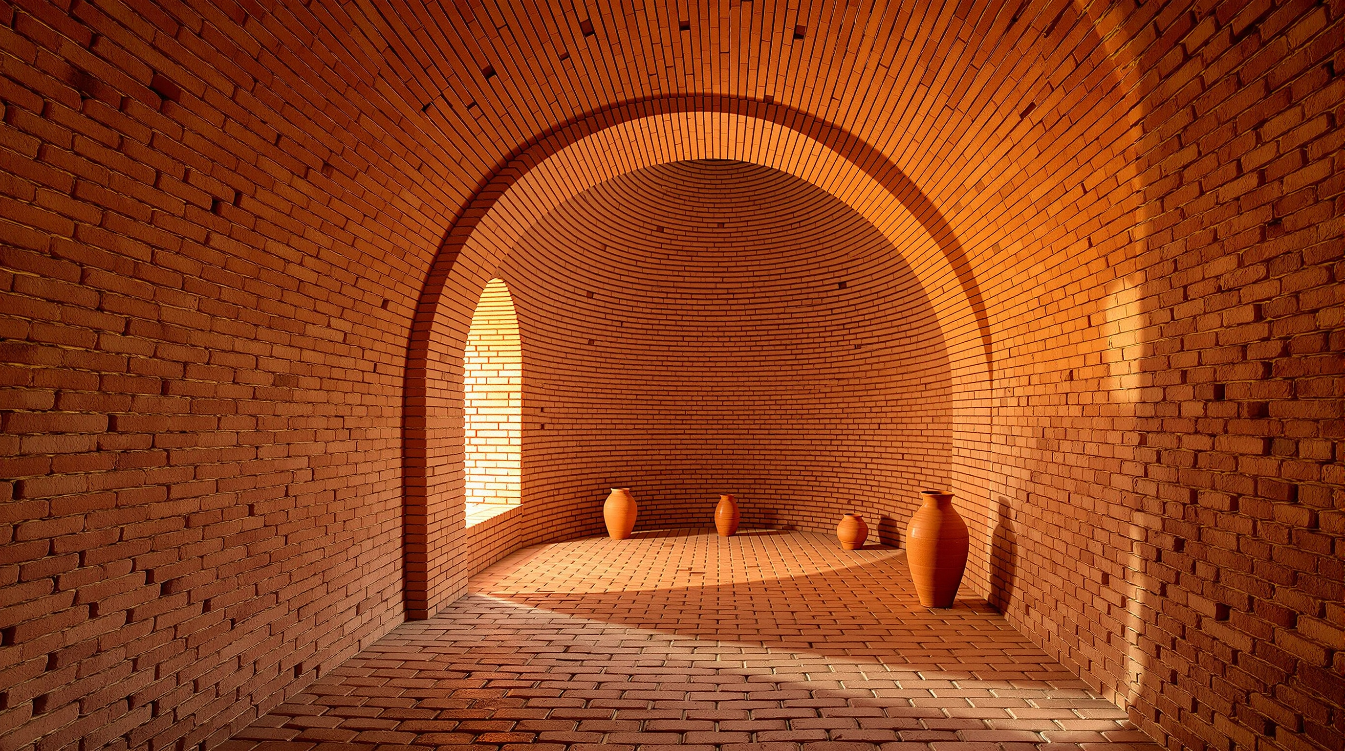 A narrow, tall vaulted interior room of the Wall House, roughly two metres wide, its curved ceiling built from stacked terracotta pots and thin red bricks, warm daylight raking across the earthy masonry surfaces from a side opening