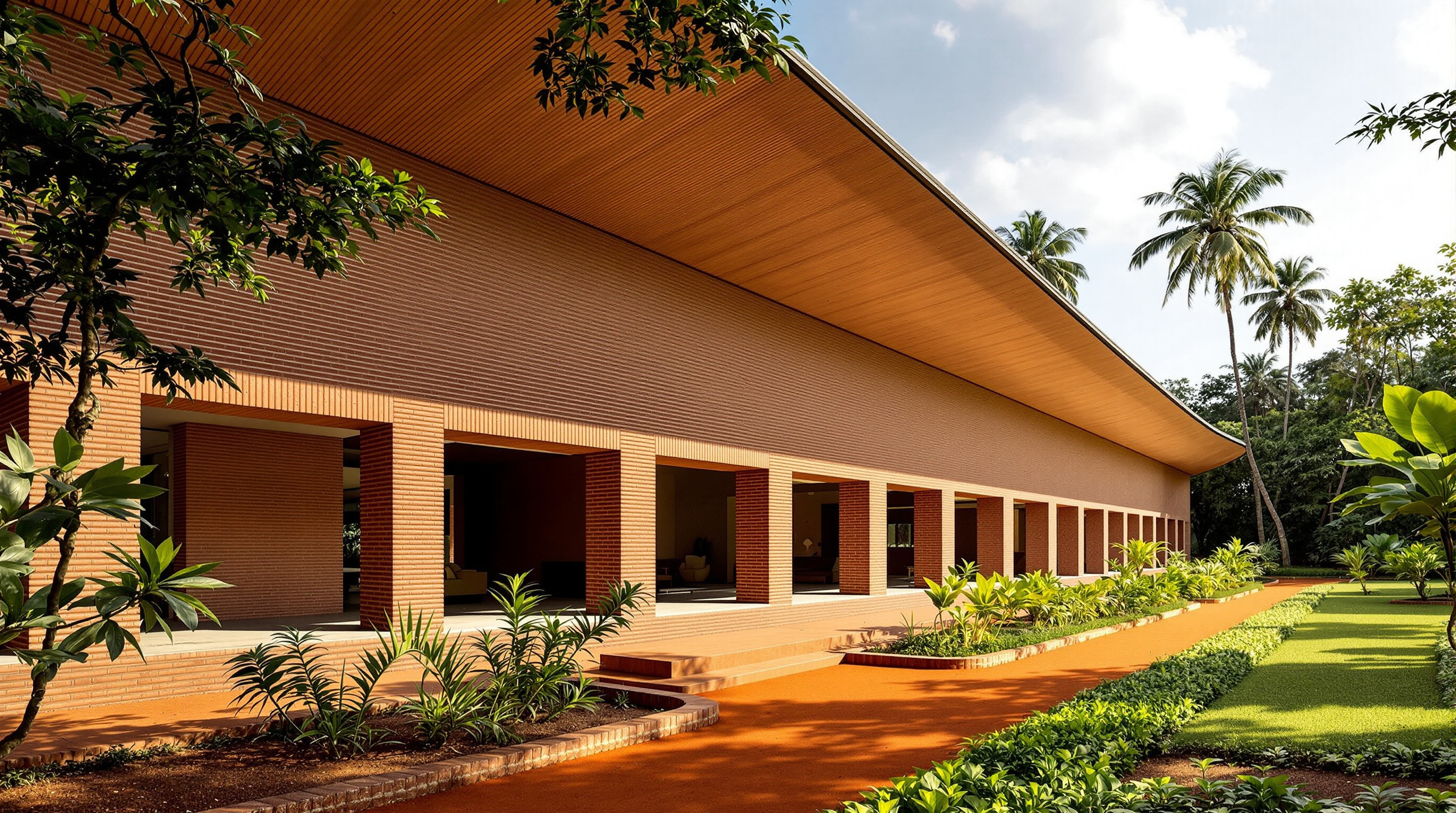 The Wall House seen from its garden — the long red-brick facade under a sweeping vaulted roof, deep openings framing shadowed interiors, tropical planting and red laterite earth in the foreground under bright Tamil Nadu sky