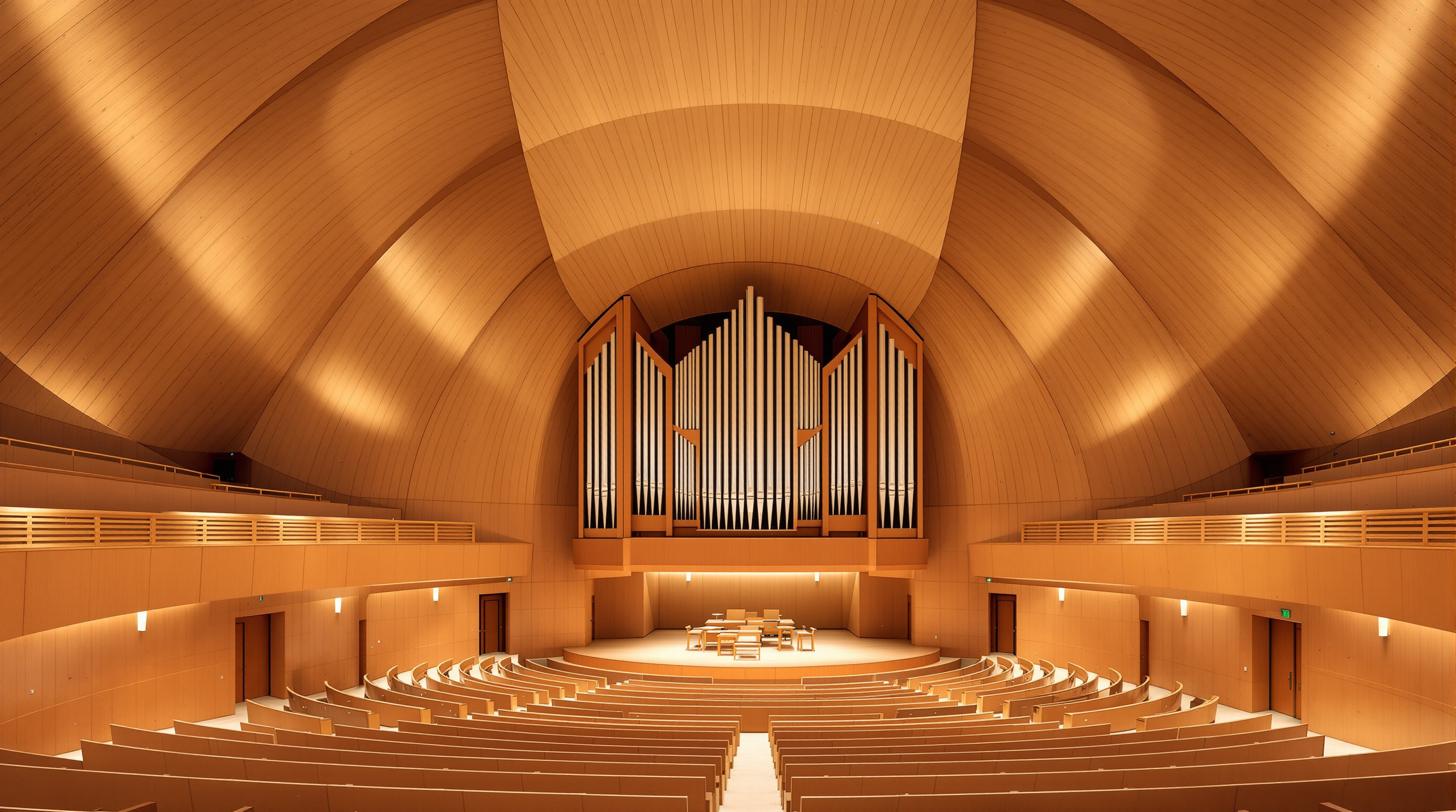 The warm, glowing interior of the Walt Disney Concert Hall auditorium, its billowing Douglas-fir ceiling and walls sweeping in curves around terraced vineyard-style seating that wraps the central stage, the enormous pipe organ with its splayed fan of pipes rising behind the stage