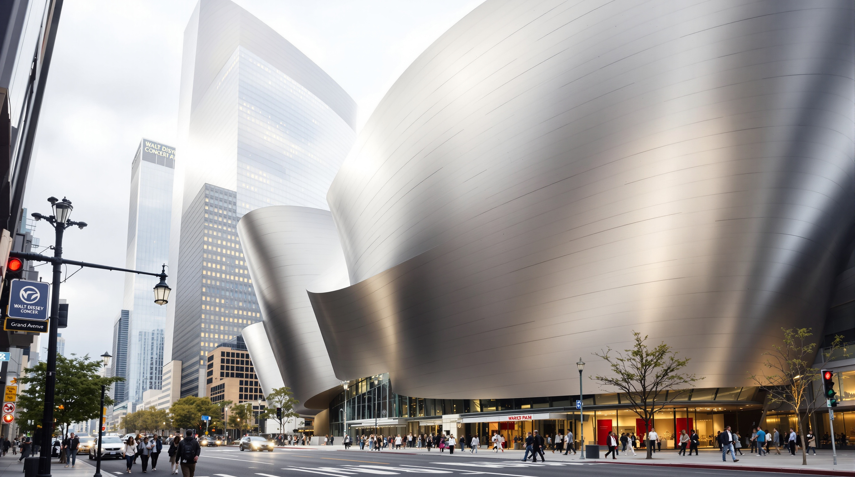 Pedestrians walking along Grand Avenue beneath the towering, curved stainless-steel panels of the Walt Disney Concert Hall, the brushed metal surfaces reflecting soft daylight and the surrounding downtown Los Angeles buildings, conveying the enormous scale of the sweeping metallic forms