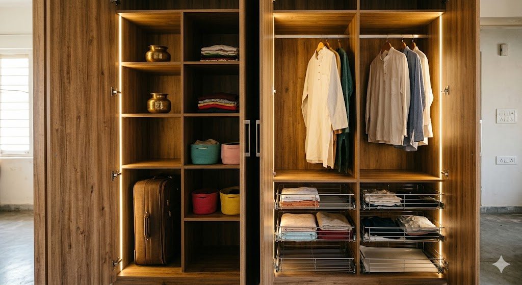 Interior fit-out of an Indian built-in wardrobe — pull-out drawers, hanging rods, shelves and strip LED lighting against a laminate carcase, documentary photograph