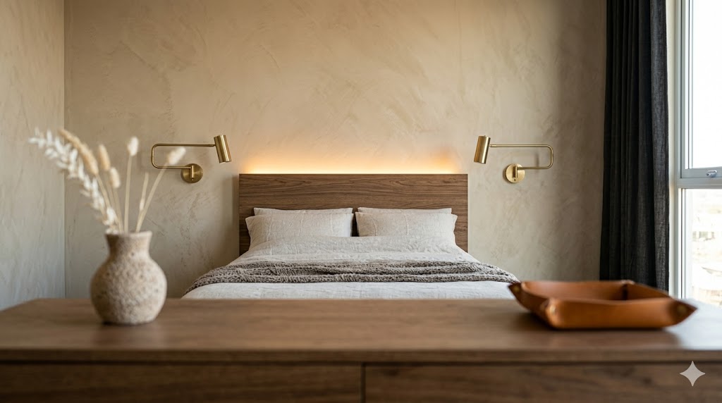 A warm-minimal Indian master bedroom viewed from the foot of the bed showing a low oak bed against sand-plaster wall, brass swing-arm wall lamps in place of bedside tables, a long flat dresser, and reduced furniture footprint
