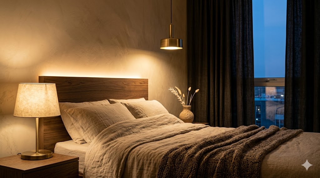 Warm-minimal bedroom lighting at dusk showing three layers — a single ceiling pendant casting warm 2700K downlight, two bedside table lamps with parchment shades, and a wall-washed cove behind the headboard creating soft ambient glow