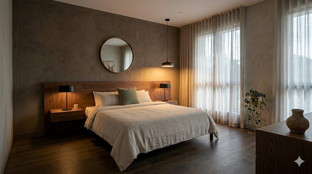 A warm-minimal bedroom with deep mushroom-grey lime plaster wall behind the bed, walnut wood headboard panel, two slim walnut bedside tables with matte black lamps, cream linen bed with a single sage-green cushion, and dark oak floor
