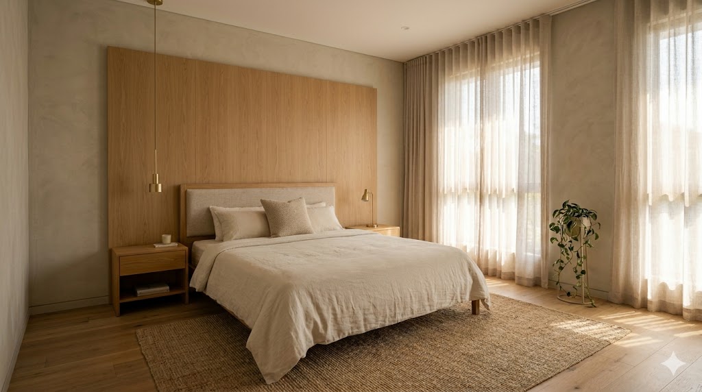 A warm-minimal Indian bedroom in an oat and cream palette with a cream linen bed and a single oat-coloured cushion, oak headboard wall, soft sand-coloured plaster walls, a single brass pendant beside the bed and sheer ivory curtains