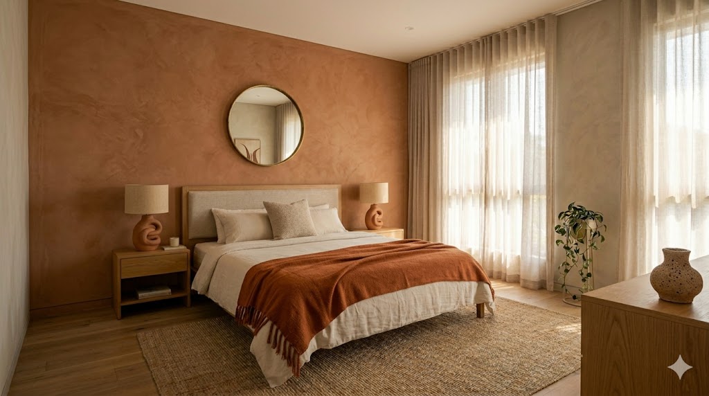 A warm-minimal Indian bedroom with terracotta and clay accents — cream linen bed with a deep terracotta throw blanket, a clay-toned plaster wall behind the bed with a single brass round mirror, and two unglazed terracotta table lamps on bedside tables