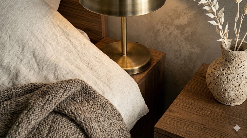A still-life of warm-minimal bedroom textures — a corner of a linen bed cover, a hand-woven wool throw, a brass lamp base, a lime-plaster wall, an oak side table with visible grain and an unglazed ceramic vase composed under warm soft daylight
