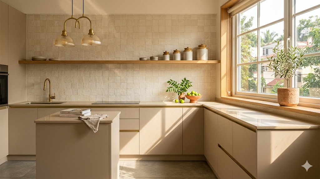 Wide-angle photograph of a warm minimal kitchen in a Bengaluru or Pune 3 BHK apartment late morning sunlight pouring through a generous window onto a warm oat matte laminate cabinet run with brushed brass push-to-open fronts a honed beige quartz counter a backsplash of warm zellige tile in soft cream running floor to ceiling behind the cooktop a single floating oak ledge above the counter holding four hand-thrown Auroville stoneware jars in graduated heights a hand-thrown terracotta fruit bowl on the counter with fresh limes and a sprig of curry leaves two warm-brass-and-glass pendant lamps hanging in cluster over a small kitchen island a Jaquar Artize brushed brass tap a small olive plant in a terracotta pot on the windowsill warm 2700K under-cabinet linear LED catching the matte texture of the laminate no people calm orderly cooking-ready atmosphere magazine-quality interior photograph warm minimal kitchen sensibility