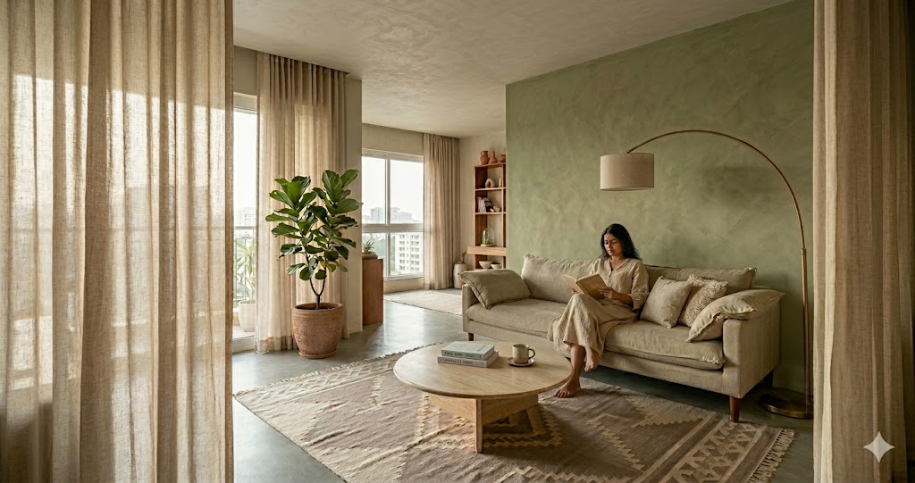 Wide-angle photograph of a warm minimal living room in a Bengaluru or Mumbai 2 BHK apartment morning light streaming through floor-to-ceiling oat-coloured linen curtains a low-slung oat linen sofa anchored by an 8x10 wool dhurrie in soft taupe a travertine round coffee table with a single hand-thrown terracotta vessel and a stack of two architecture books a brushed brass floor lamp arching over one end of the sofa a lime plaster accent wall behind in soft tan an Indian woman in her thirties wearing a relaxed beige cotton kurta reading a book on the sofa with bare feet a single large potted Ficus near the window warm Sunday-afternoon atmosphere quiet luxury sensibility magazine-quality interior photograph