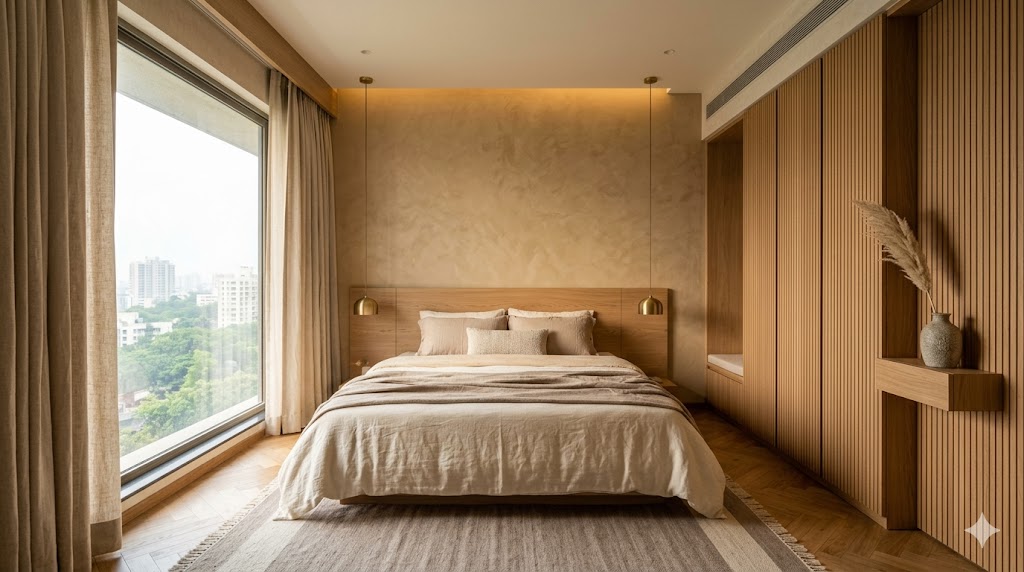Wide-angle photograph of a warm minimal master bedroom in a premium Mumbai or Bengaluru 3 BHK apartment soft early morning daylight filtering through floor-to-ceiling oat linen curtains a low-slung king bed with an oak veneer headboard layered cream and sand linen bedding in soft folds two suspended brushed-brass bedside pendants flanking the bed in place of bedside tables a full-height floor-to-ceiling fluted oak wardrobe wall opposite with shadow-gap divisions and push-to-open hardware no visible handles a single Auroville stoneware vase with one stem of dried pampas grass on a small floating oak ledge a wool dhurrie in soft taupe on the oak parquet floor at the foot of the bed lime plaster accent wall behind the headboard in soft tan with hand-trowel texture warm 2700K interior lighting catching the natural grain of the oak and the slubbed weave of the linen no people calm restful sanctuary atmosphere magazine-quality interior photograph quiet luxury sensibility