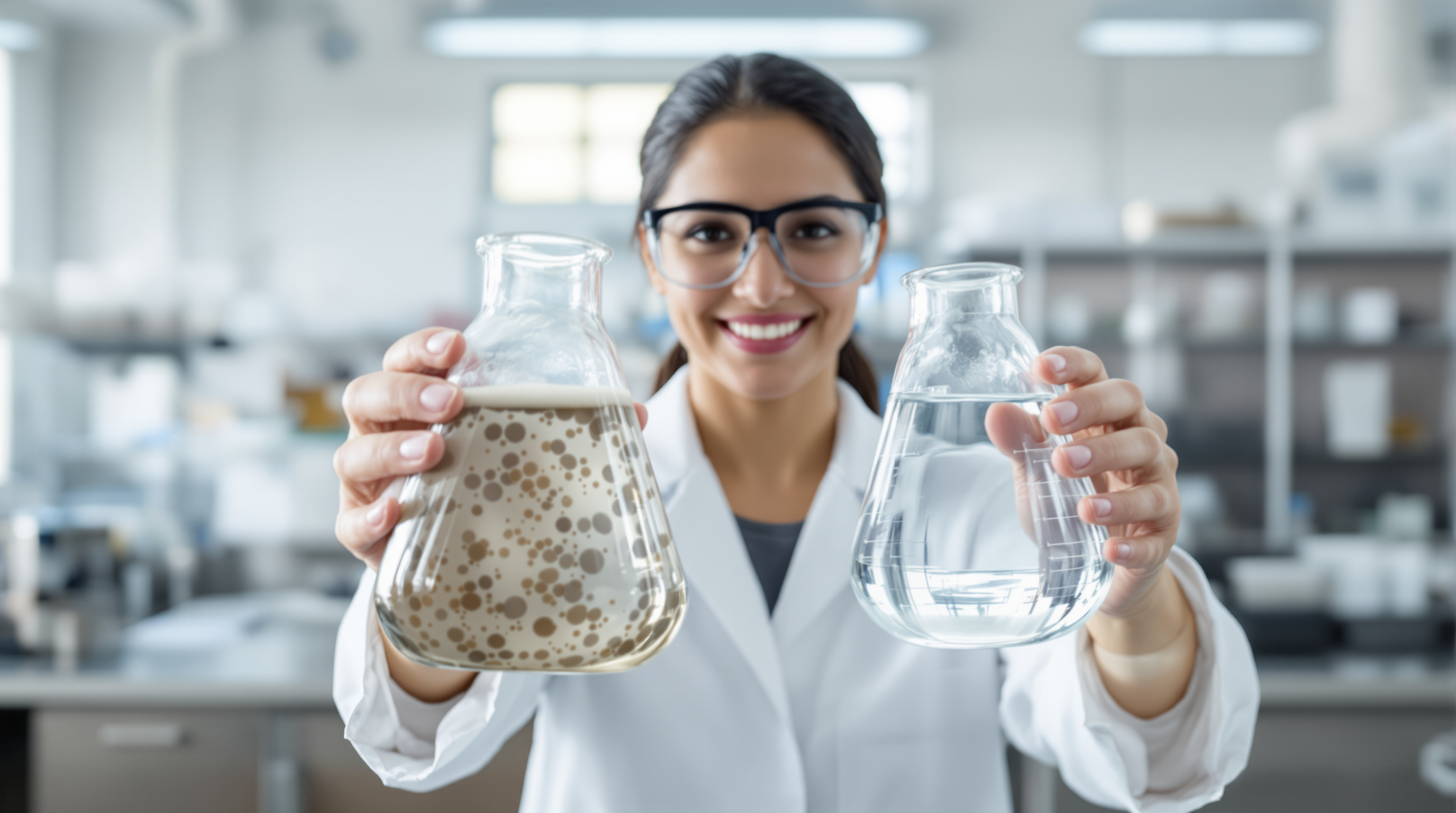 An Indian lab technician holding two glass beakers, one cloudy with suspended solids and one clear treated water