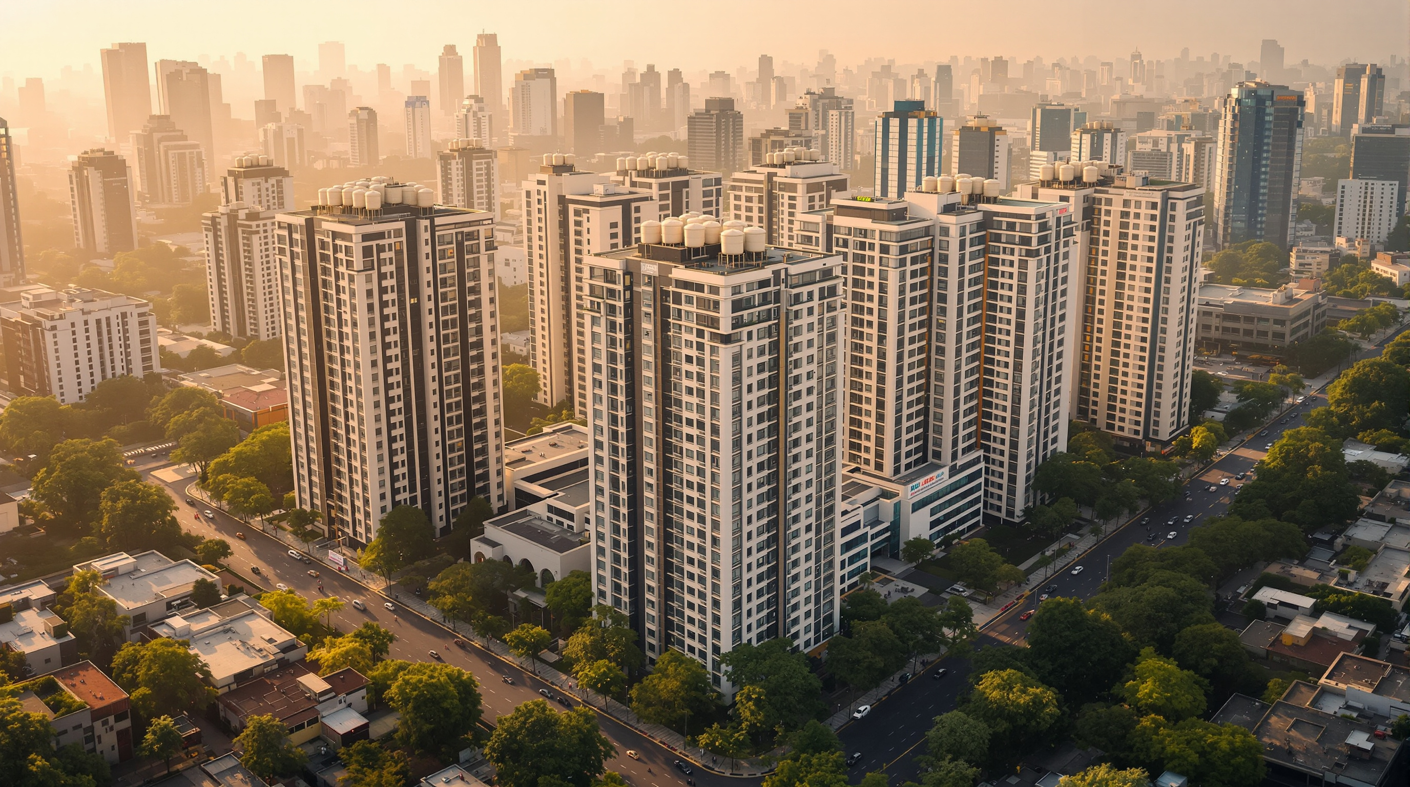 Aerial view of a dense mixed-use Indian city district with residential towers, a hospital block and office buildings side by side