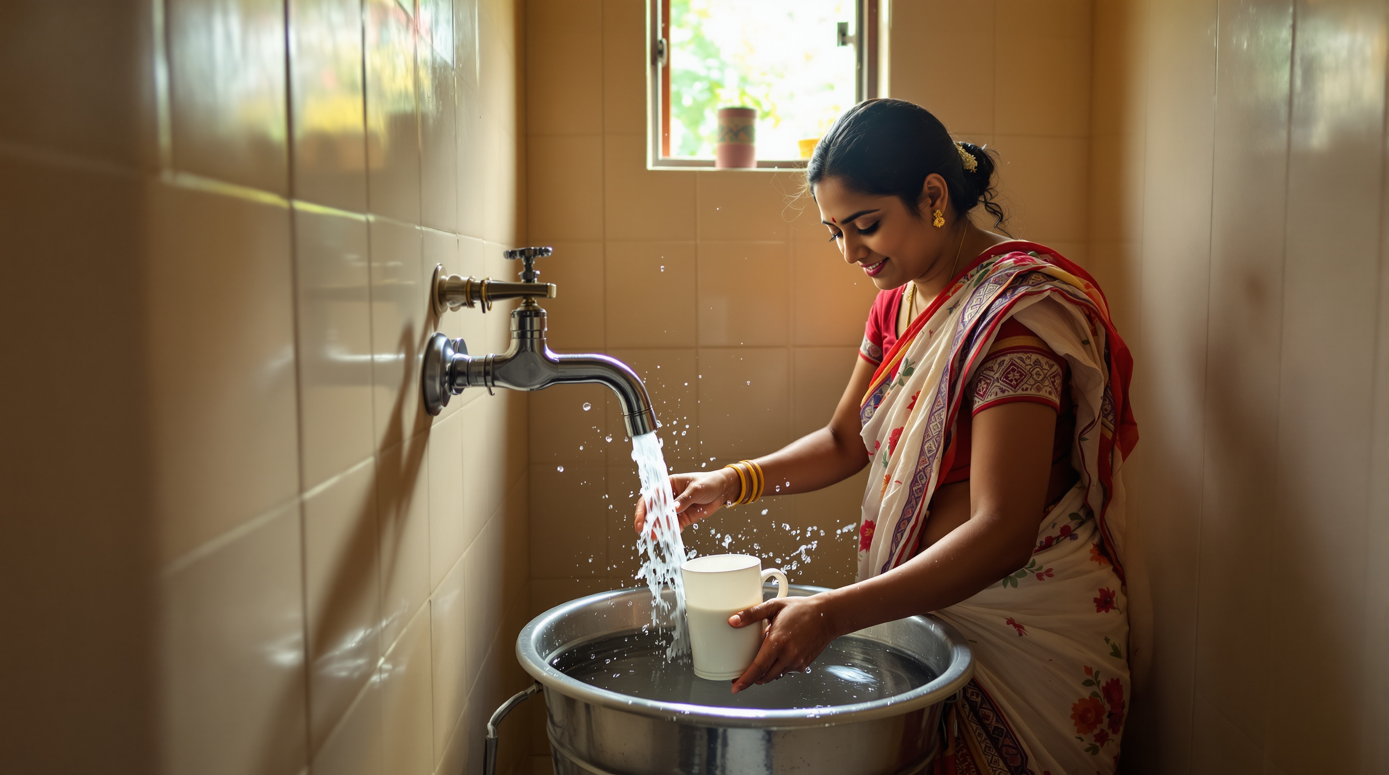 Indian woman filling a steel bucket at a bathroom tap in a modest home, illustrating domestic water end use