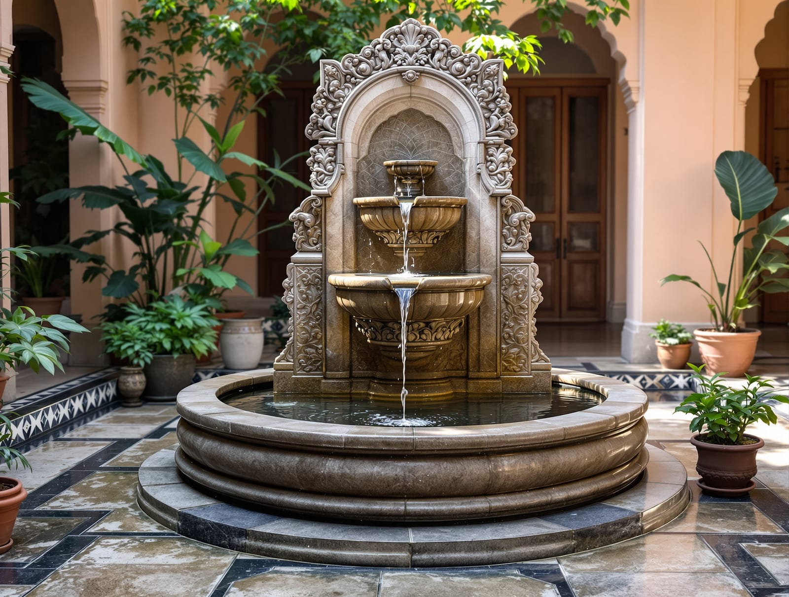A gentle tiered stone fountain and rill in a planted Indian courtyard, water glinting, cooling the space