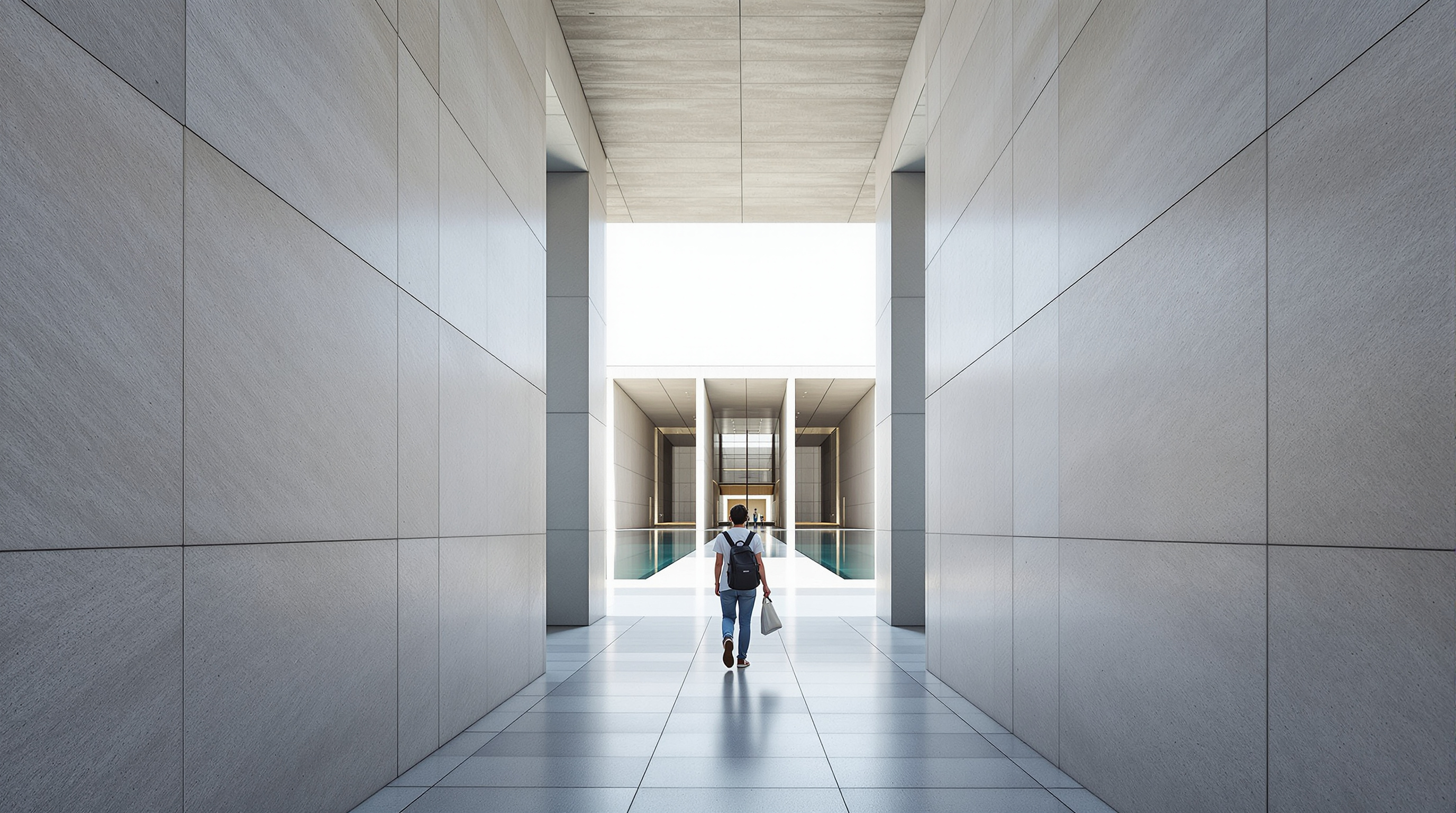 The entry sequence at the Water-Moon Monastery: a visitor walks between two tall fair-faced concrete screen walls that block the adjacent expressway, the path narrowing before opening onto the reflecting pool and hall beyond