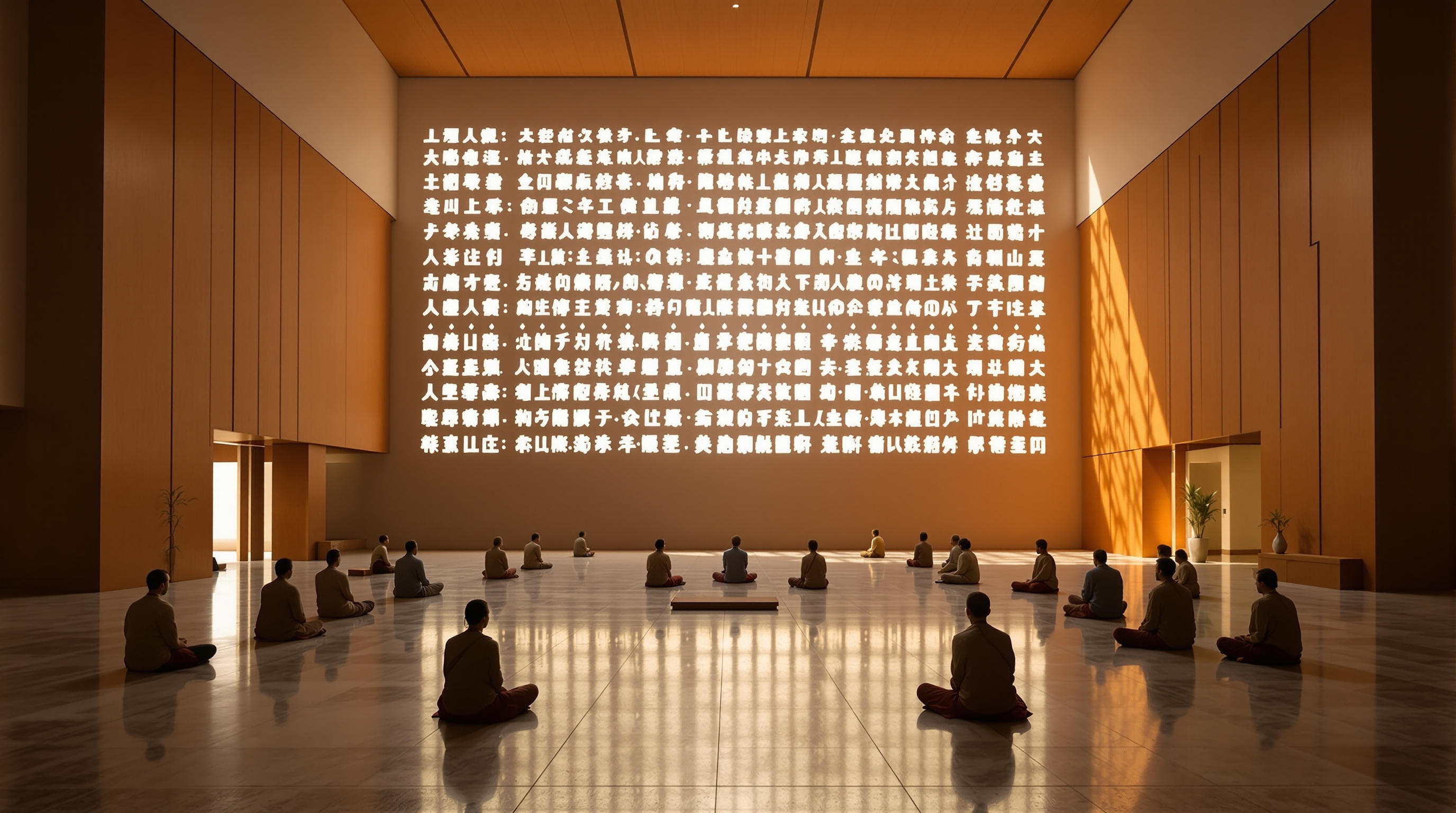 Interior of the Water-Moon Monastery main hall: characters of the Heart Sutra cut through the western wall cast the scripture in bright projected light across a calm teakwood and fair-faced concrete floor, with meditators seated in the quiet space