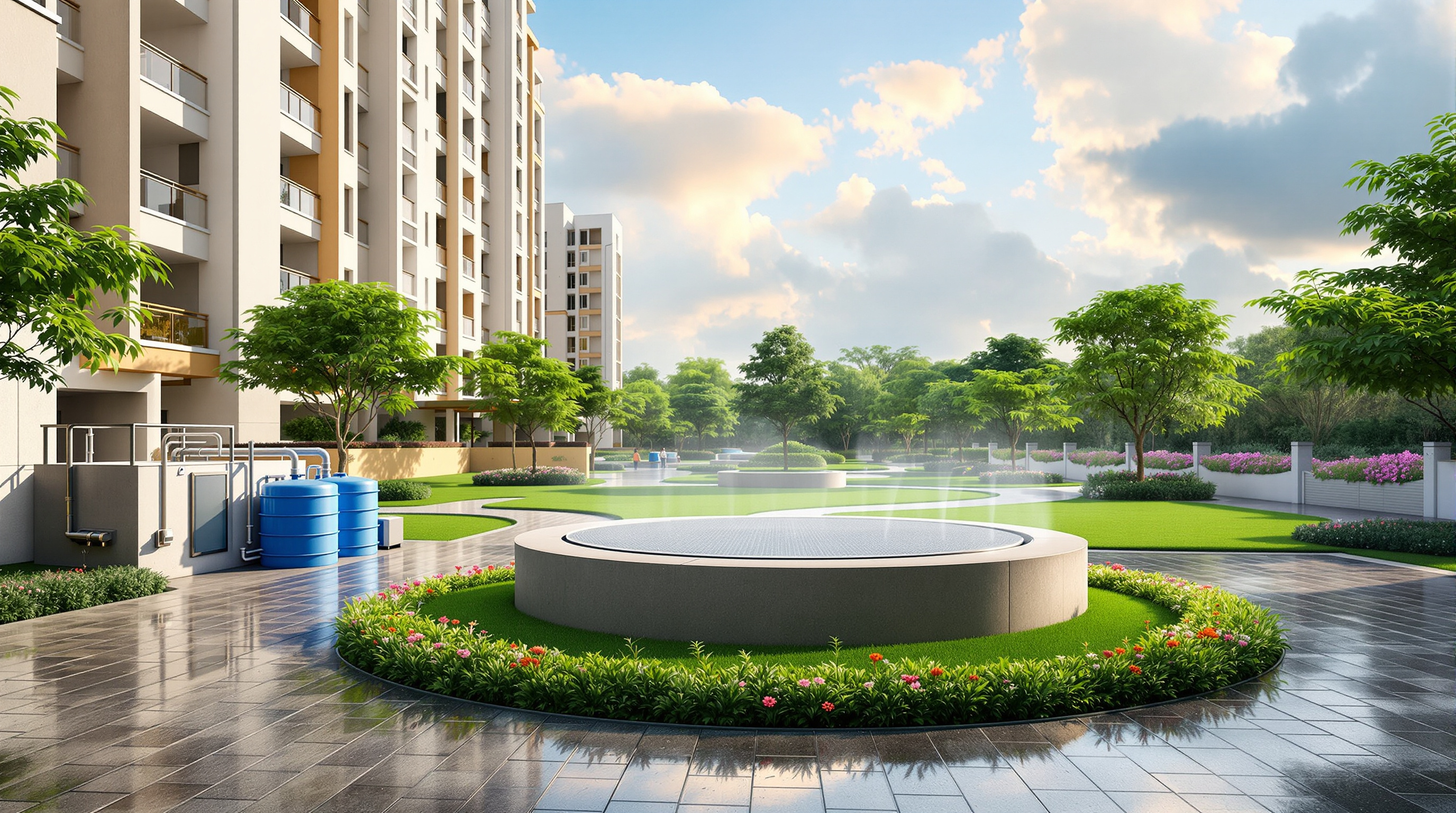 A modern Indian residential campus with a compact sewage treatment plant, a rainwater recharge well and green landscaping irrigated with reused water