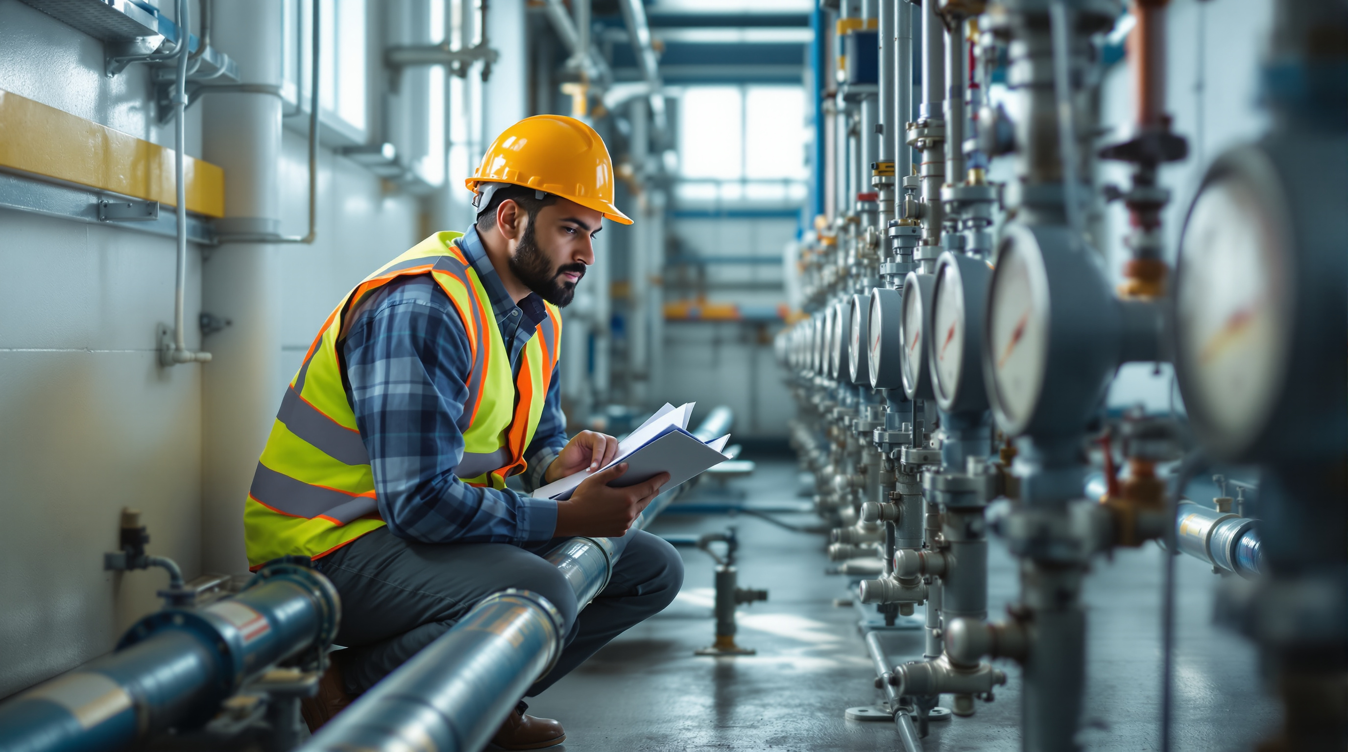 An Indian plant operator inspecting a bank of water flow meters on colour-coded pipes inside a sewage treatment plant