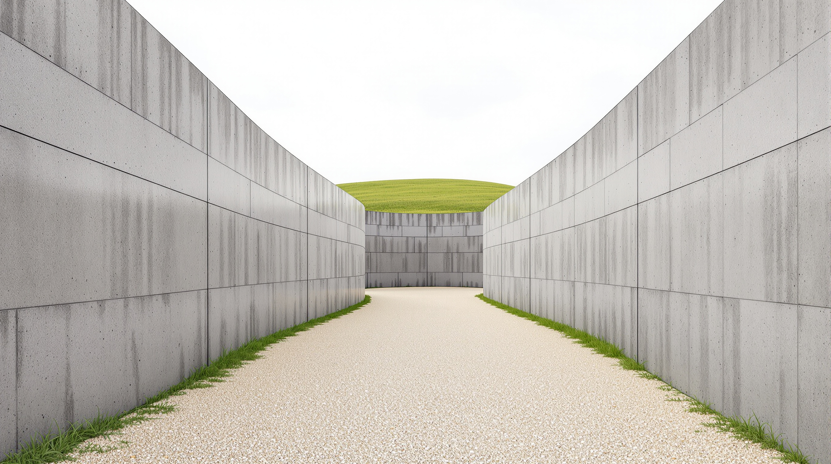 Two long, three-metre-high polished grey concrete walls framing a path of pale gravel on a green hilltop, the walls curving to conceal what lies beyond, bright overcast sky above