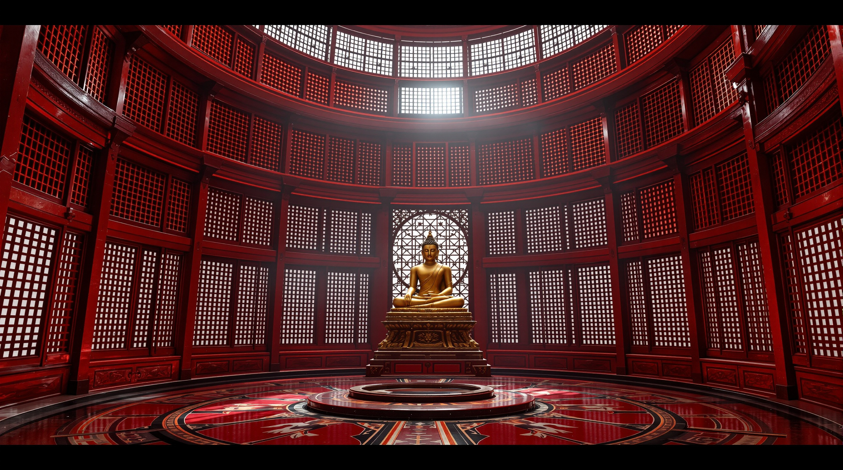The interior of the buried temple hall bathed in deep red light, a circular room lined with vermilion-lacquered timber lattice screens, a golden seated Buddha statue silhouetted against low western sunlight filtering through the grille