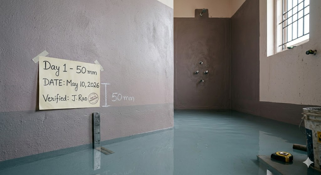 Bathroom flood test in progress — a residential bathroom under construction with polymer-cementitious waterproofing applied (visible in grey-pink finish on walls, extending 150+ mm above floor and full height in the shower zone), floor flooded to 50 mm depth with a marker noting Day 1, the 48-hour test that verifies waterproofing before tiling