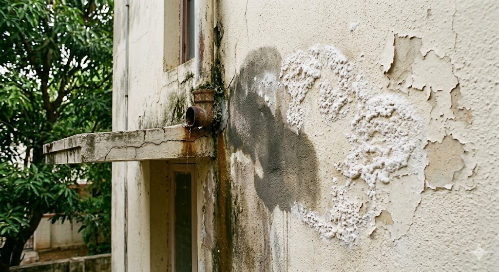 Close-up of a failing external wall on an Indian residential building showing visible salt efflorescence, paint peeling, and dark damp shadows spreading from a window-sill junction — the visible signature of skipped silicone water repellent