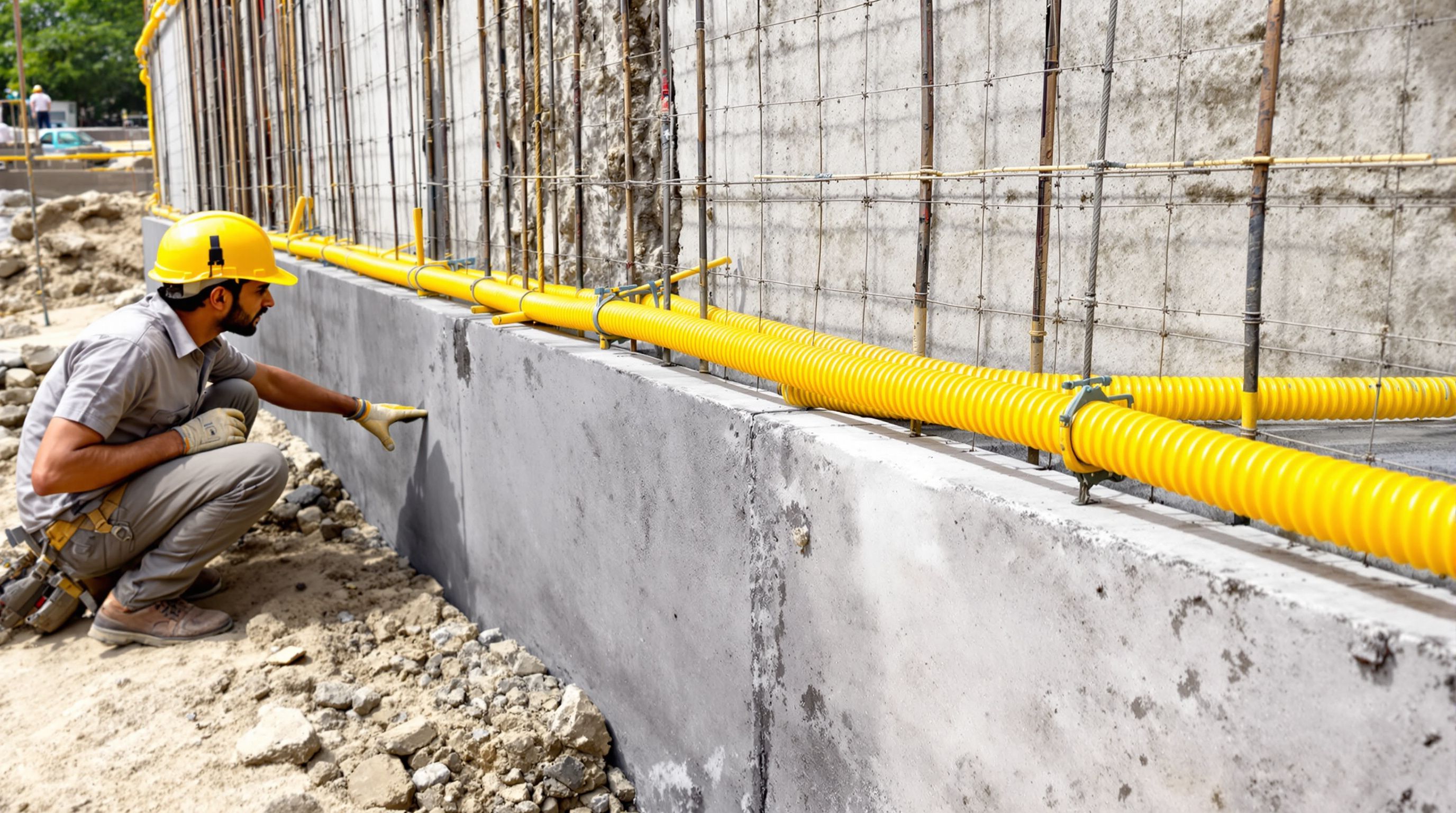 Yellow PVC water bar cast centrally across a construction joint between the base and wall of a reinforced concrete sewage tank, tied to rebar before the next concrete pour