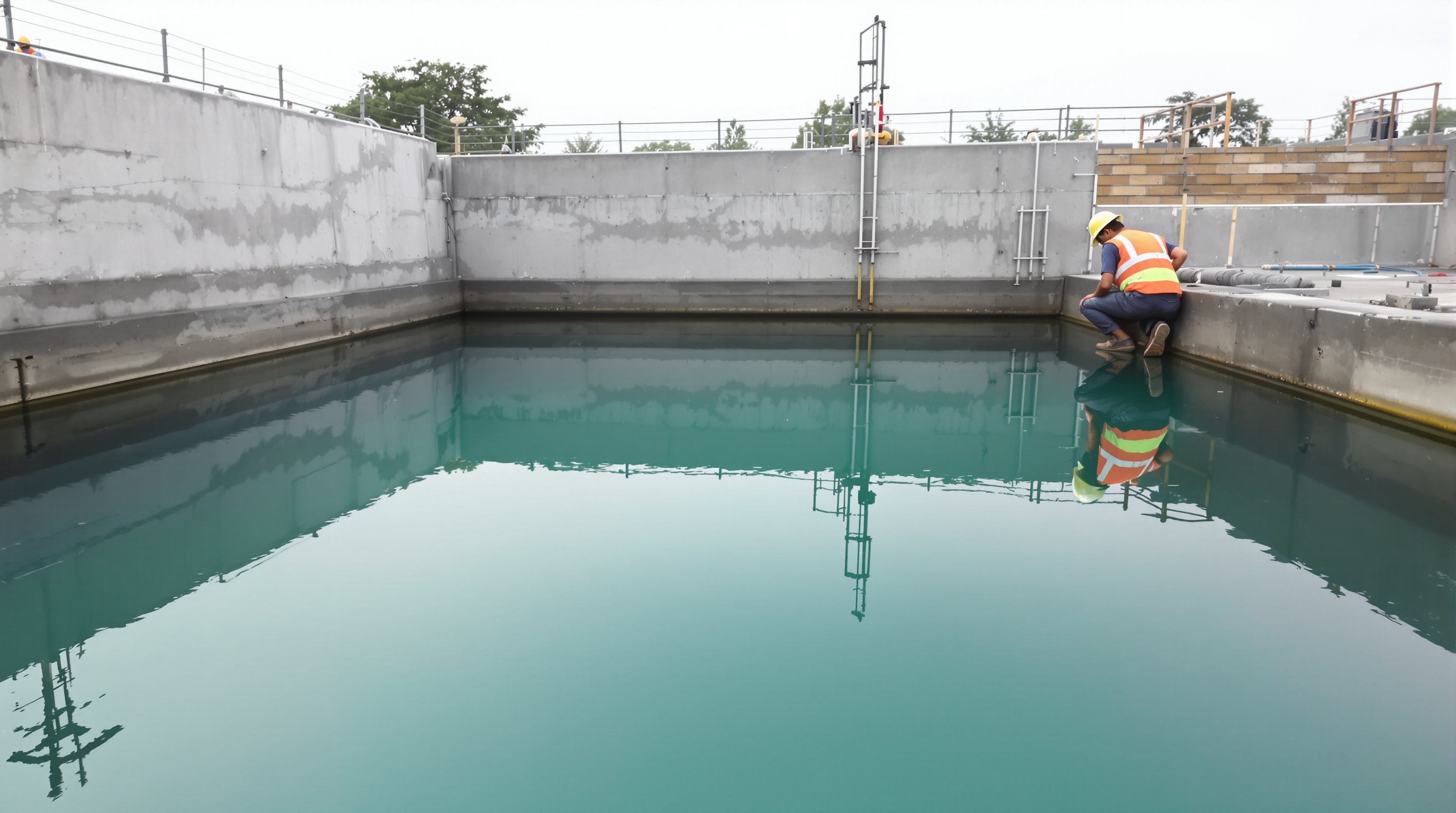 Indian site engineer inspecting a newly built rectangular RCC sewage tank filled to the brim with clear water during a water-fill leak test, marked reference level on the wall