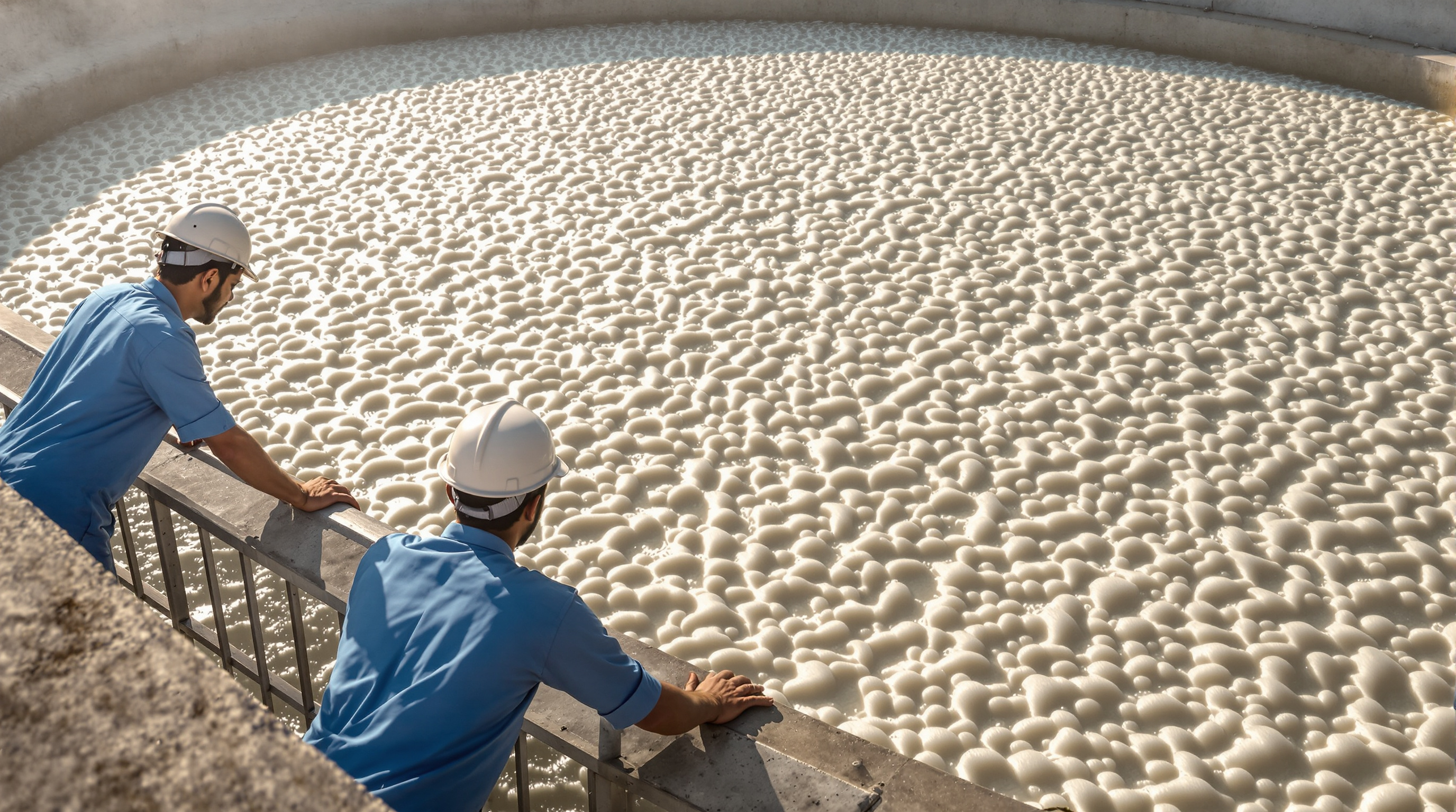 An Indian STP operator watching the evenly boiling, frothy surface of an aeration tank in morning light