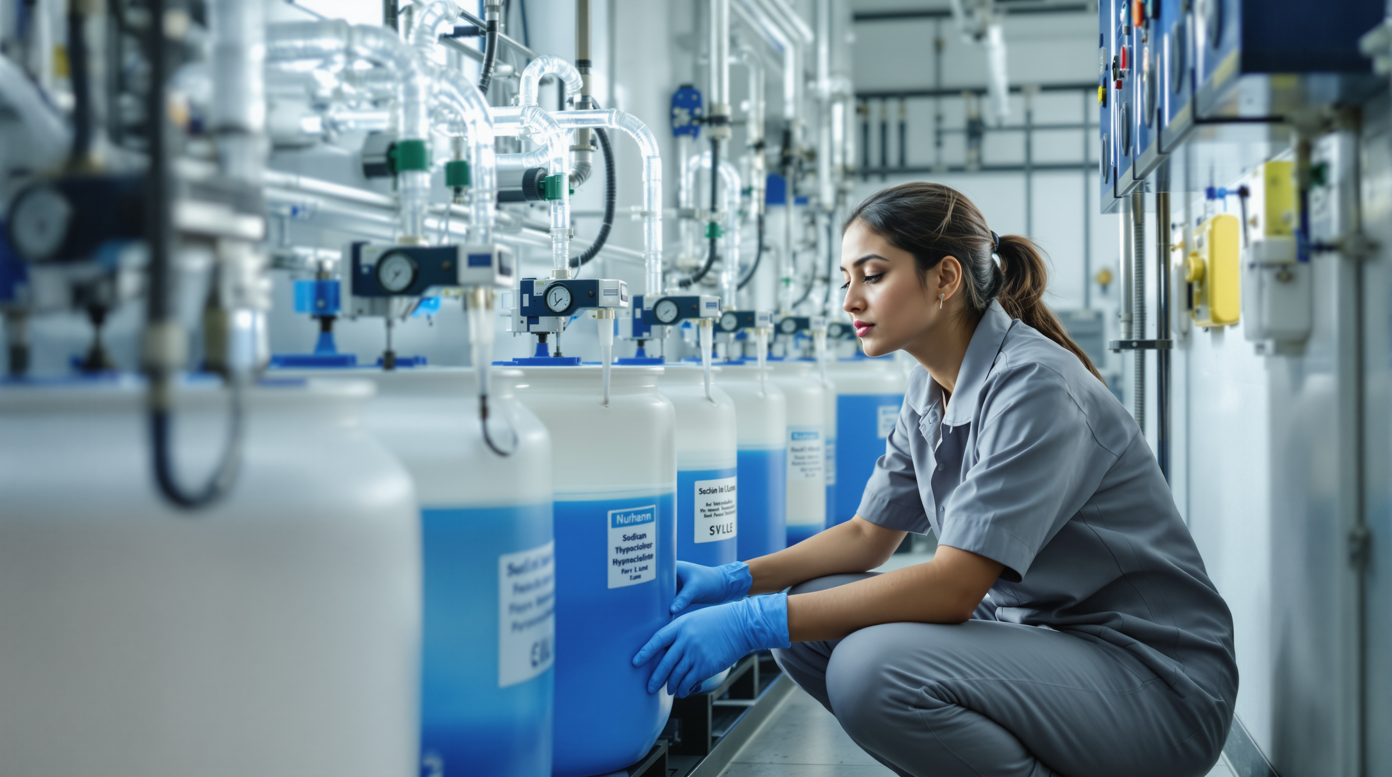 An Indian operator checking the level in a chlorine dosing drum with dosing pumps and tubing in an STP plant room