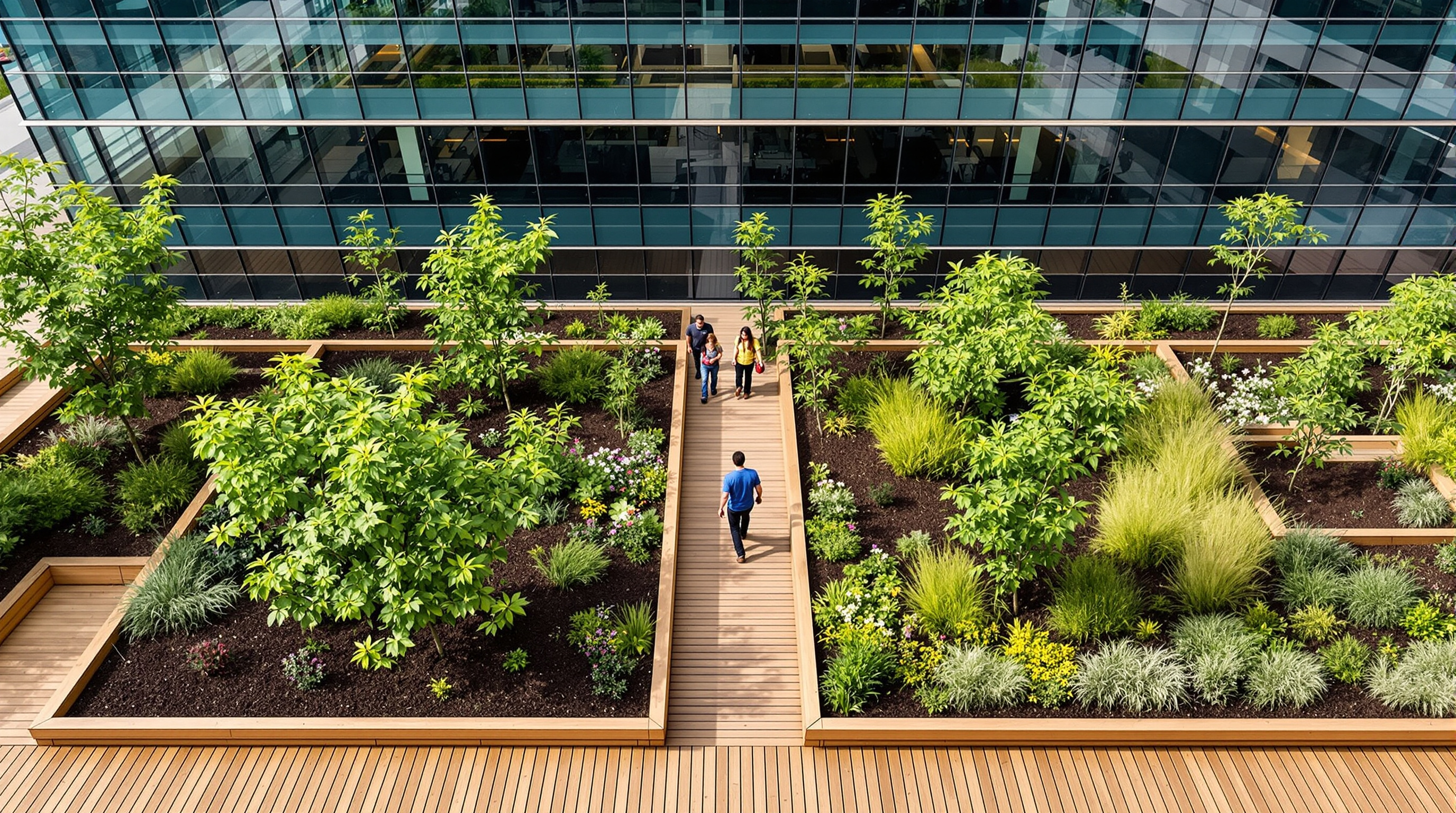 A planted terrace at Welcome seen from above, wooden decking and soil beds thick with small trees, grasses and flowering shrubs, office glazing behind reflecting the greenery, workers walking a path between the plots as if in a rooftop garden