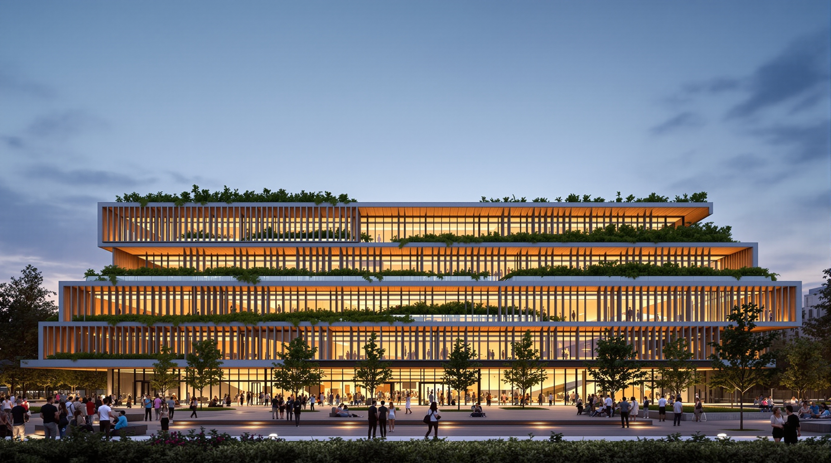 The Welcome complex seen from Parco Lambro at dusk, warm light glowing from behind timber louvres and full-height glazing, the stepped green terraces silhouetted against the sky, a new public piazza with people gathered in the foreground