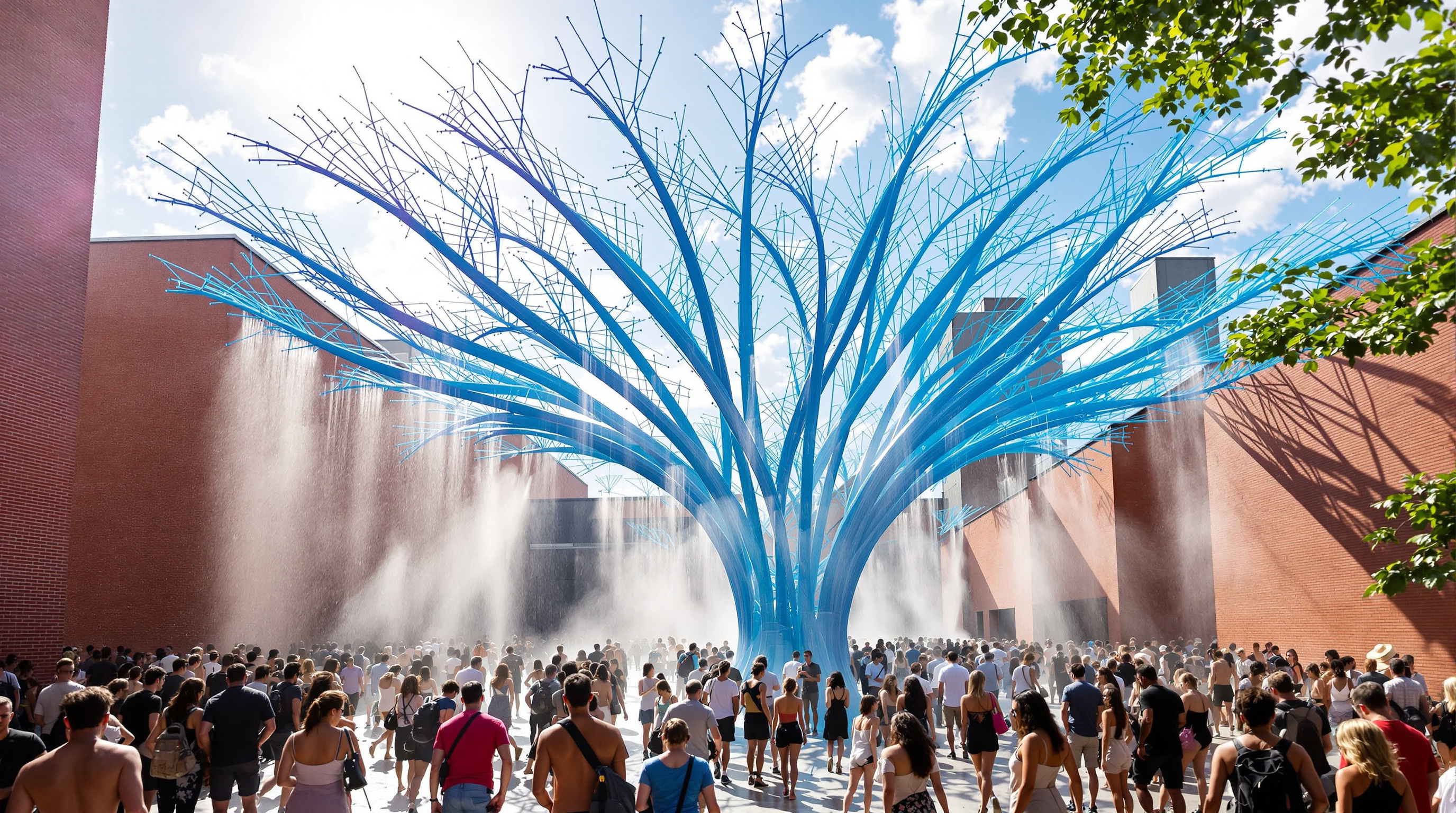 Crowds at a MoMA PS1 Warm Up summer party gathered in the courtyard beneath Wendy's spiky blue arms, people cooling under misting jets and water spray, the pavilion's electric-blue points silhouetted against a bright sky above the surrounding brick walls