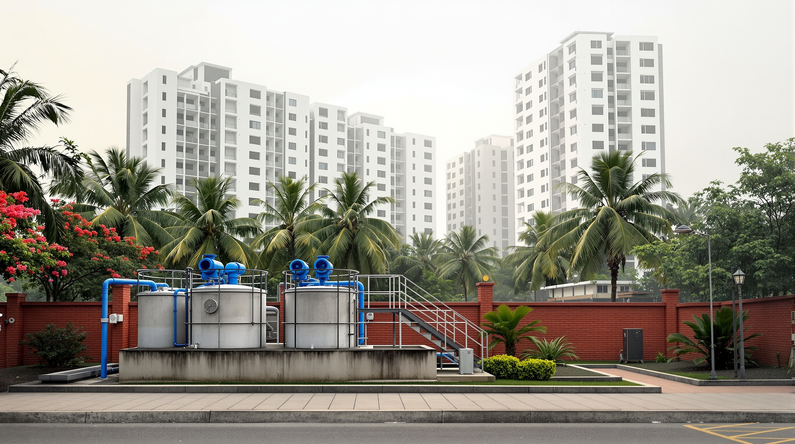 A newly built multi-storey residential apartment complex in Kolkata with a compact on-site sewage treatment plant of aeration tanks in the landscaped foreground