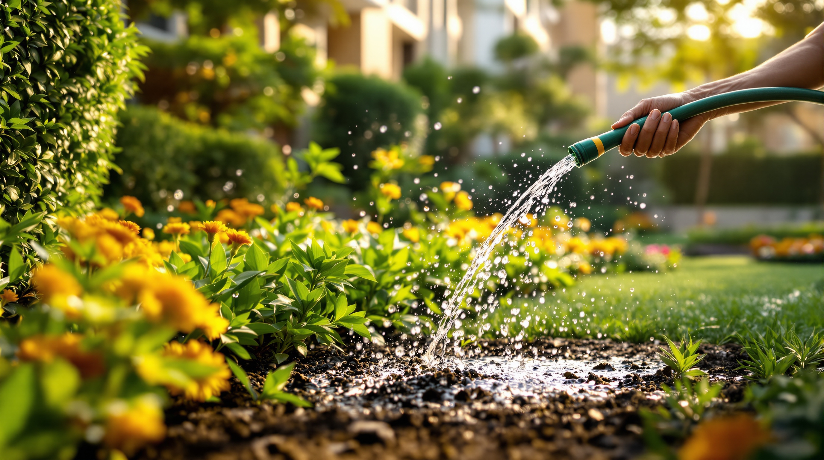 An Indian gardener using clear treated water from a green hose to irrigate a lush landscaped garden inside a housing society
