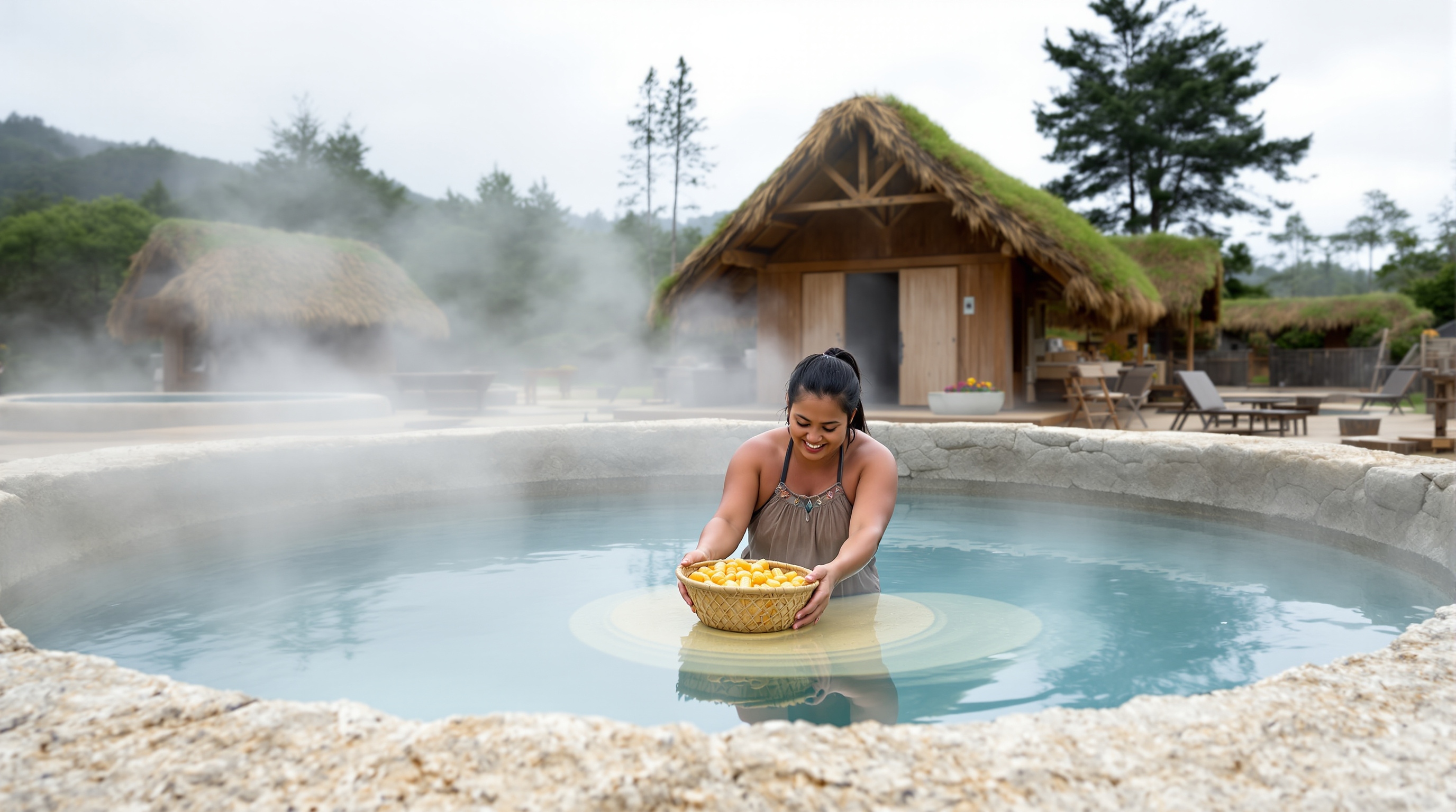 A steam box and boiling pool at the Whakarewarewa living village: a woman in the community lowers a woven flax basket of corn cobs into the deep, clear blue Parekohuru pool, thick white steam drifting across the pale silica-sinter rim, timber cooking shelters and a small wharepuni behind